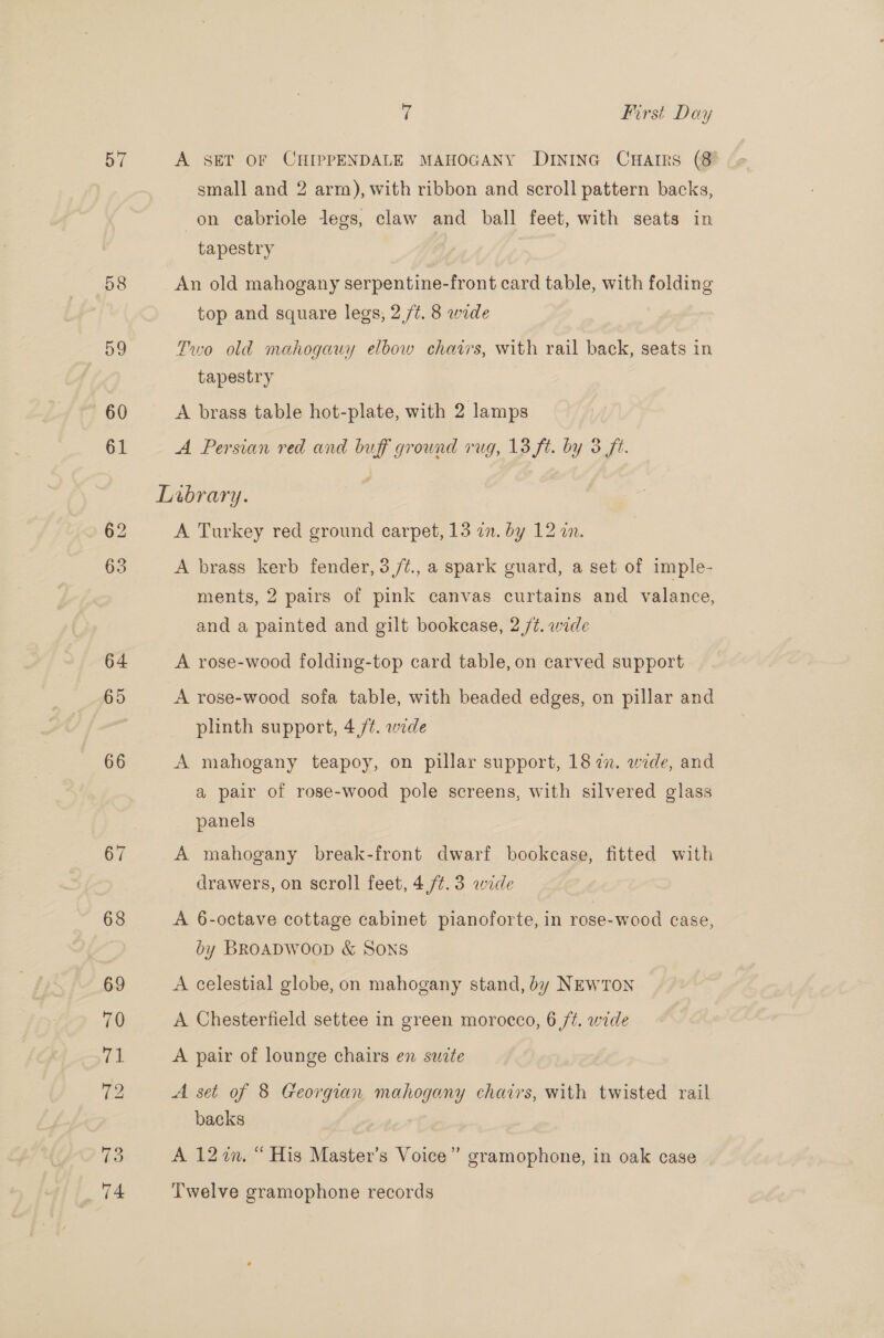 57 58 59 65 66 3 First Day A SET OF CHIPPENDALE MAHOGANY DINING CuHalrs (8 small and 2 arm), with ribbon and scroll pattern backs, on cabriole legs, claw and ball feet, with seats in tapestry An old mahogany serpentine-front card table, with folding top and square legs, 2 /¢. 8 wide Two old mahogauy elbow chairs, with rail back, seats in tapestry A brass table hot-plate, with 2 lamps A Persian red and buff ground rug, 13 ft. by 3 ft. A Turkey red ground carpet, 13 an. by 12 an. A brass kerb fender, 3 /7., a spark guard, a set of imple- ments, 2 pairs of pink canvas curtains and valance, and a painted and gilt bookcase, 2 /t. wide A rose-wood folding-top card table, on carved support A rose-wood sofa table, with beaded edges, on pillar and plinth support, 4 /¢. wide A mahogany teapoy, on pillar support, 18 7. wide, and a pair of rose-wood pole screens, with silvered glass panels A mahogany break-front dwarf bookcase, fitted with _ drawers, on scroll feet, 4/¢.3 wide A 6-octave cottage cabinet pianoforte, in rose-wood case, by BROADWOOD &amp; SONS A celestial globe, on mahogany stand, by NEwTon A Chesterfield settee in green morocco, 6 ft. wide A pair of lounge chairs en swite A set of 8 Georgian mahogany chairs, with twisted rail backs A 12%. “ His Master’s Voice” gramophone, in oak case Twelve gramophone records