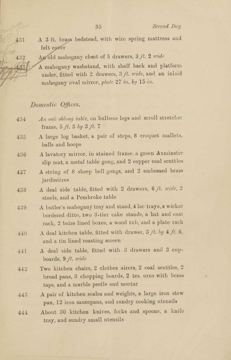 431 A 3 ft. brags bedstead, with wire spring mattress and   old mahogany chest of 5 drawers, 3/7. 2 wade A mahogany washstand, with shelf back and platform under, fitted with 2 drawers, 3 /¢. wide, and an inlaid mahogany oval mirror, plate 27 in. by 15 cn. Domestic Offices. 434 An oak oblong table, on bulbous legs and scroll stretcher frame, 5 ft. 3 by 3 ft. 7 435 A large log basket, a pair of steps, 8 croquet mallets, balls and hoops — 436 A lavatory mirror, in stained frame, a green Axminster slip mat, a metal table gong, and 2 copper coal scuttles 437 A string of 8 sheep bell gongs, and 2 embossed brass jardinieres 438 A deal side table, fitted with 2 drawers, 6 /t. wide, 2 stools, and a Pembroke table 439 A butler’s mahogany tray and stand, 4 lac trays, a wicker bordered ditto, two 3-tier cake stands, a hat and coat rack, 2 baize lined boxes, a wood tub, and a plate rack 440 A deal kitchen table, fitted with drawer, 3 /t. by 4 fi. 6, and a tin lined roasting screen 441 A deal side table, fitted with 3 drawers and 3 cup- boards, 9 /t. wide 442 Two kitchen chairs, 2 clothes airers, 2 coal scuttles, 2 bread pans, 3 chopping boards, 2 tea urns with brass taps, and a marble pestle and mortar 443 A pair of kitchen scales and weights, a large iron stew pan, 12 iron saucepans, and sundry cooking utensils 444 About 30 kitchen knives, forks and spoons, a knife tray, and sundry small utensils