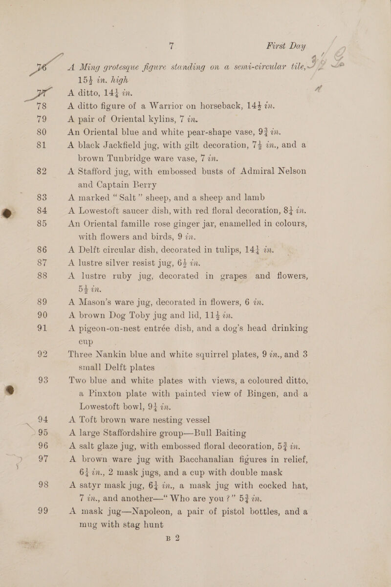 a! 154 in. high A ditto, 144 an. A ditto figure of a Warrior on horseback, 143 i. A pair of Oriental kylins, 7 in. A black Jackfield jug, with gilt decoration, 74 im., and a brown Tunbridge ware vase, 7 in. A Stafford jug, with embossed busts of Admiral Nelson and Captain Berry A marked “Salt” sheep, and a sheep and lamb A Lowestoft saucer dish, with red floral decoration, 84 an. An Oriental famille rose ginger jar, enamelled in colours, with flowers and birds, 9 7. A Delft circular dish, decorated in tulips, 144 in. A lustre silver resist jug, 64 2. | : A lustre ruby jug, decorated in grapes and flowers, 5S in. | A Mason’s ware jug, decorated in flowers, 6 2. A brown Dog Toby jug and lid, 114 in. A pigeon-on-nest entrée dish, and a dog’s head drinking cup Three Nankin blue and white squirrel plates, 9 2n., and 3 small Delft plates Two blue and white plates with views, a coloured ditto, a Pinxton plate with painted view of Bingen, and a Lowestoft bowl, 94 in. A Toft brown ware nesting vessel A large Staffordshire group—Bull Baiting A salt glaze jug, with embossed floral decoration, 5? in. A brown ware jug with Bacchanalian figures in relief, 647n., 2 mask jugs, and a cup with double mask A satyr mask jug, 64 im., a mask jug with cocked hat, 7 in., and another—“ Who are you ?” 54 zn. mug with stag hunt B 2 pf