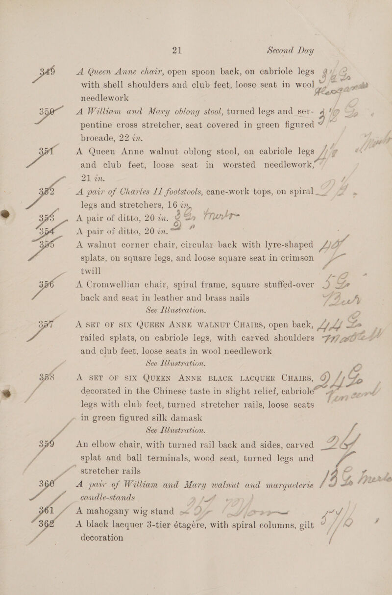   21 Second Day A Queen Anne chair, open spoon back, on cabriole legs needlework A William and Mary oblong stool, turned legs and ser- pentine cross stretcher, seat covered in green figured broeade, 22 an. A Queen Anne walnut oblong stool, on cabriole legs Ze ane A pair of Charles Ii footstools, cane-work tops, on spiral __ legs and stretchers, 16 vn, Spee as A pair of ditto, 20 in. ¥ 2, Thr A pair of ditto, 20 in. ™ af splats, on square legs, and loose square seat in crimson twill | | A Cromwellian chair, spiral frame, square stuffed-over back and seat in leather and brass nails See Illustration. railed splats, on cabriole legs, with carved shoulders and club feet, loose seats in wool needlework See Illustration. 4 decorated in the Chinese taste in slight relief, cabriole~ legs with club feet, turned stretcher rails, loose seats in green figured silk damask See Illustration. An elbow chair, with turned rail back and sides, carved splat and ball terminals, wood seat, turned legs and stretcher rails candle-stands wi a A black lacquer 3-tier étagére, with nivel columns, gilt decoration As ”\ Lite t+) ee Ce, Kt ], &amp; ; ® AVA tA
