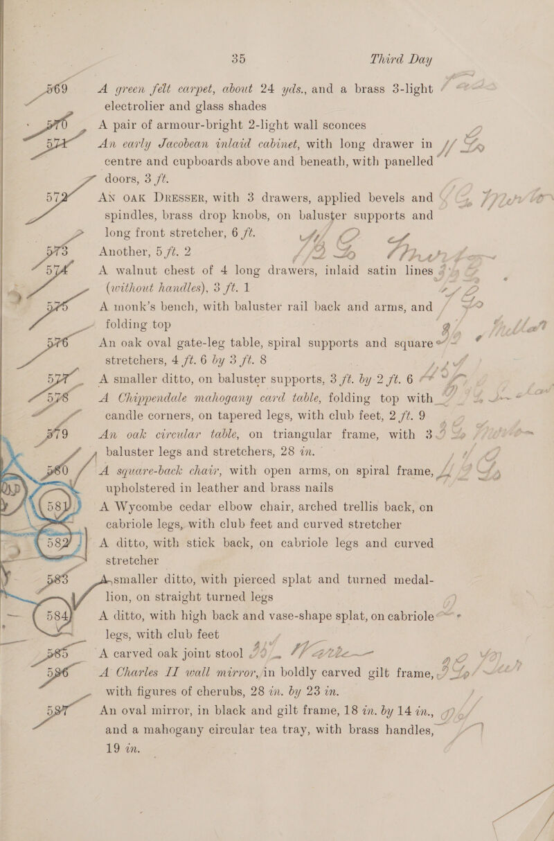 569 A green felt carpet, about 24 yds., and a brass 3-light / electrolier and glass shades   A pair of armour-bright 2-light wall sconces An early Jacobean inlaid cabinet, with long drawer in // Yo centre and cupboards above and beneath, with panelled i ‘doors, 3 aie 7 AN oak DreEssER, with 3 drawers, applied bevels and WY (= /P)¢hv: at spindles, brass drop knobs, on baluster supports and es a long front stretcher, 6 /7. hi f) ; Another, 5 ft. 2 / 7B D OP AP 14 A walnut chest of 4 long Arawere inlaid satin lines / (without handles), 3 ft. 1 2 A monk’s bench, with baluster rail back and arms, and | _ folding top : g / f nl, a An oak oval gate-leg table, spiral supports and square ~ stretchers, 4 /¢.6 by 3 ft. 8 are” 3 A smaller ditto, on baluster supports, 3 ft Ge 2 ft 04 ay, e | A Chippendale mahogany card table, folding top stn G Ae candle corners, on tapered legs, with club feet, 2 /t. 9 An oak circular table, on triangular frame, with 3 Ip fiitvtm baluster legs and stretchers, 28 in. 7 VA square-back chair, with open arms, on spiral frame, stl 22 4 A upholstered in leather and brass nails | A Wycombe cedar elbow chair, arched trellis back, on cabriole legs, with club feet and curved stretcher A ditto, with stick back, on cabriole legs and curved stretcher smaller ditto, with pierced splat and turned medal- lion, on straight turned legs  A ditto, with high back and vase-shape splat, on cabriole mg legs, with club feet 4) a | ‘ A carved oak joint stool “0, Th Whe 2 oO Ve po A Charles II wall mirror, in boldly carved gilt frame, -7 “/p/ ° _- with figures of cherubs, 28 in. by 23 in. . ae An oval mirror, in black and gilt frame, 18 in. by 14 in., hs and a mahogany circular tea tray, with brass handles, — 19 zn.