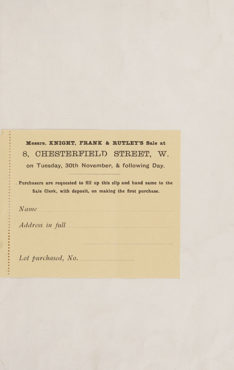 ©F€SeSGROCRBHC CROSSES HELE Messrs. KNIGHT, FRANK &amp; RUTLEY’S Sale at on Tuesday, 30th November, &amp; following Day.  Saie Clerk, with deposit, on making the first purchase.