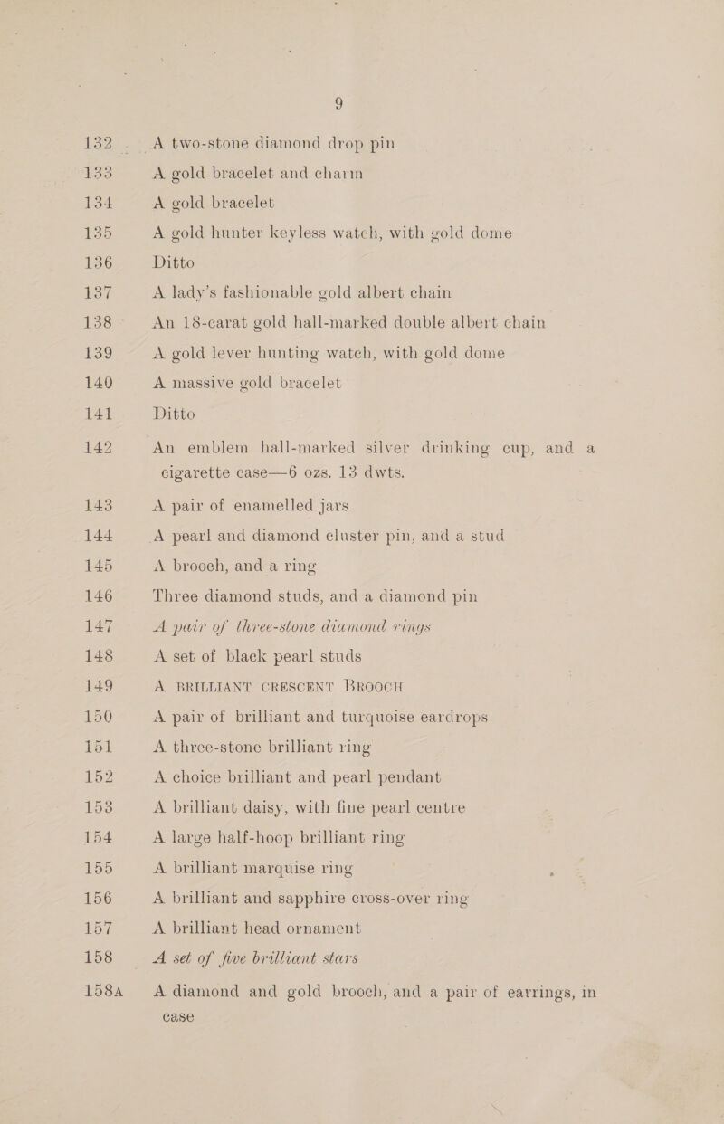 132 . A two-stone diamond drop pin 133 A gold bracelet and charm 134 A gold bracelet 135 A gold hunter keyless watch, with gold dome 136 Ditto od A lady’s fashionable gold albert chain 138 An 18-carat gold hall-marked double albert chain 139 A gold lever hunting watch, with gold dome 140 A massive gold bracelet 141 Ditto 142 An emblem hall-marked silver drinking cup, and a cigarette case—6 ozs. 13 dwts. 143 A pair of enamelled jars 144 A pearl and diamond cluster pin, and a stud 145 A brooch, and a ring 146 Three diamond studs, and a diamond pin 147 A parr of three-stone diamond rings 148 A set of black pearl studs 149 A BRILLIANT CRESCENT BROOCH 150 A pair of brilliant and turquoise eardrops 15]. A. three-stone brilliant ring 152 A choice brilliant and pearl pendant 153 A brillant daisy, with fine pearl centre 154 A large half-hoop brilliant ring 155 A brilliant marquise ring 156 A brilliant and sapphire cross-over ring 157 A brilhant head ornament 158 ~— A set of five brilliant stars 158A Adiamond and gold brooch, and a pair of earrings, in case