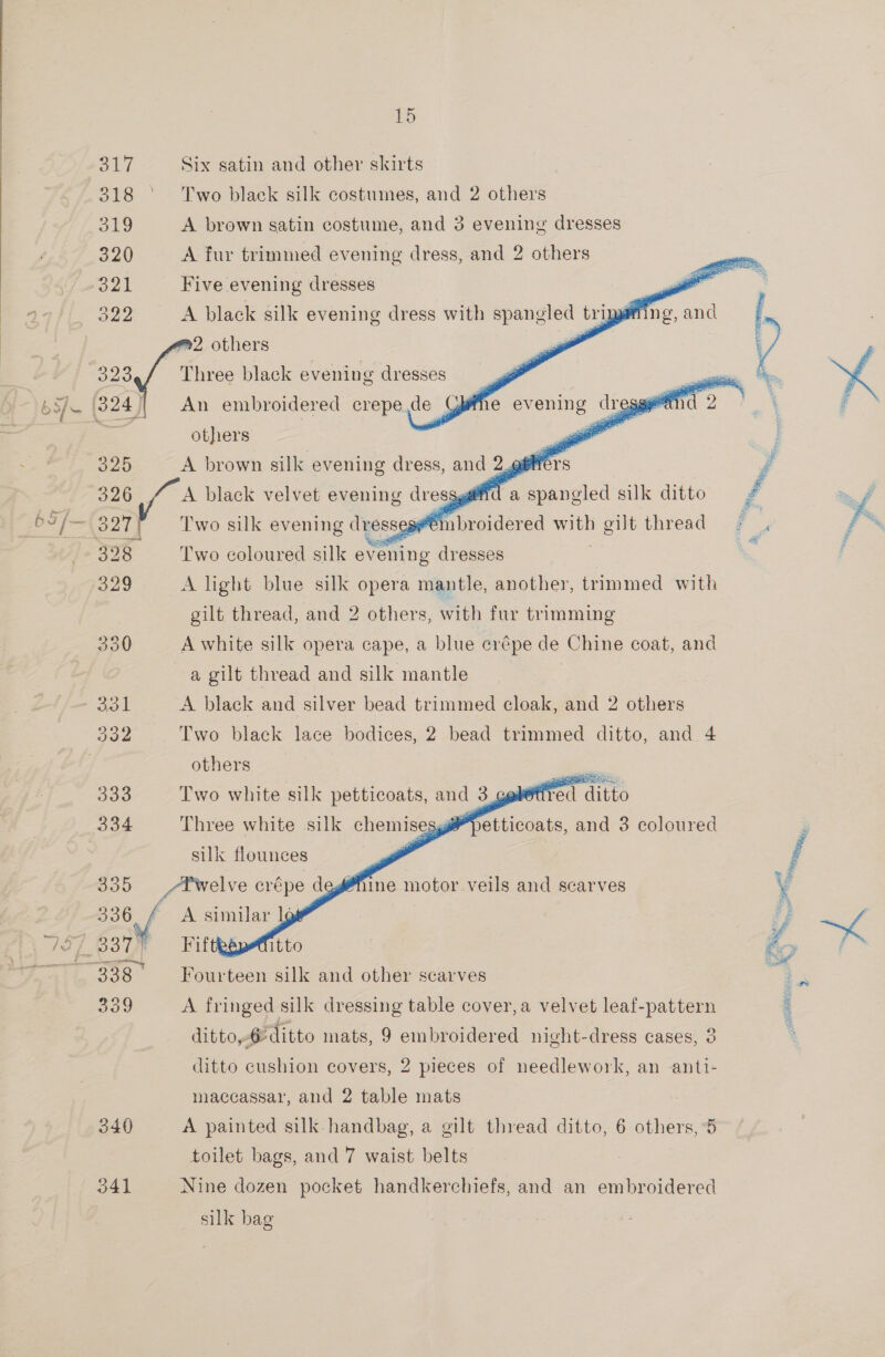   317 Six satin and other skirts 318 °’ Two black silk costumes, and 2 others 319 A brown satin costume, and 3 evening dresses 320 A fur trimmed evening dress, and 2 others 321 Five evening dresses Se 322 A black silk evening dress with spangled trig fing, and       a2 others 323,/ Three black evening dresses | (324, An embroidered crepe de Cpe evening dreg : ag others | = s “ 325 A brown silk evening dress, and 2.g% Hers ; 326 4 black velvet evening dresgg Wd a spangled silk ditto f 327); ~~ Two silk evening dresses embroidered with gilt thread ; g 398 Two coloured silk evening dresses ; : 329 A light blue silk opera mantle, another, trimmed with | gilt thread, and 2 others, with fur trimming 330 A white silk opera cape, a blue crépe de Chine coat, and a gilt thread and silk mantle 331 A black and silver bead trimmed cloak, and 2 others 332 Two black lace bodices, 2 bead trimmed ditto, and 4 others “ee 333 Two white silk petticoats, and 3_g@ pifted ditto 334 Three white silk chemise i” petticoats, and 3 coloured 3 silk flounces 4 ¥ f ! Mine motor veils and scarves y  ditto,-6 ditto mats, 9 embroidered night-dress cases, 3 ditto cushion covers, 2 pieces of needlework, an anti- maccassar, and 2 table mats 340 A painted silk handbag, a gilt thread ditto, 6 others, 5 toilet bags, and 7 waist belts 341 Nine dozen pocket handkerchiefs, and an embroidered silk bag  