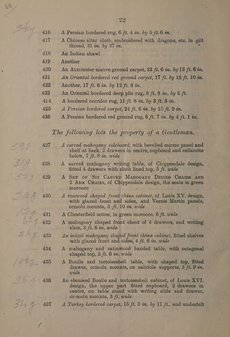 22 416 A Persian bordered rug, 6 ft. 4 in. by 5 ft. 6 i. 417 A Chinese altar cloth, embroidered with dragons, etc. in gilt thread, 31 an. by 37 in. 418 An Indian shawl 419 Another 420 An Axminster mauve ground carpet, 23 ft. 6 in. by 13 ft. 6 m. 421 An Oriental bordered red ground carpet, 17 Us by 12 ft. 10 m. 422. Another, 17 ft. 6 in. by 12 ft. 8 in. 423 An Oriental bordered deep pile rug, 8 ft. 8 im. by 6 ft. 424 A bordered corridor rug, 11 ft. 8 in. by 3 ft. 3 an. 425 — A Persian bordered carpet, 24 ft. 6 in. by 15 ft. 9 in. 426 A Persian bordered red ground rug, 6 ft. 7 an. by 4 ft. 1 im. The following lots the property of a Gentleman. 427 A carved mahogany sideboard, with bevelled mirror panel and shelf at back, 2 drawers in centre, CURLOATE and cellarette below, 7 ft. 8 wn. wide 428 A carved mahogany writing table, of Chippendale design, fitted 4 drawers with cloth lined top, 5 ft. wade. 429 A Set or §1x CarveD Manocany Dininc CHAIRS AND 2 Arm Cuairs, of e gees design, the seats in green morocco 430 A rosewood shaped front china cabinet, of Louis XV. design, with glazed front and sides, and Vernis Martin panels, ormolu mounts, 3 ft. 10 in. wide 431 A Chesterfield settee, in green morocco, 6 ft. wide 432 A mahogany shaped front chest of 4 drawers, and writing slide, 3 ft. 6 wn. wide 433 An nlaid mahogany shaped front china cabinet, fitted shelves with glazed front and sides, 4 ft. 6 on. wide 434 A mahogany and satinwood banded table, with octagonal shaped top, 2 ft. 6 in. wide 435 A Boulle and tortoiseshell table, with shaped top, fitted drawer, ormolu mounts, on cabriole supports, 3 ft. 9 a. wide 436 An ebonised Boulle and tortoiseshell cabinet, of Louis XVI. design, the upper part fitted cupboard, 2 drawers in centre, on table stand with writing slide and drawer, or-molu mounts, 3 ft. wide