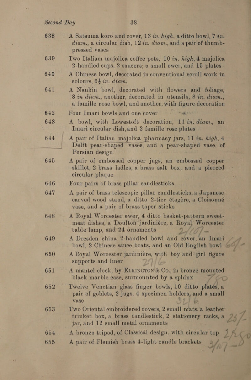 638 639 640 641 642 643 644 645 646 647 648 653 654 655 A Satsuma koro and cover, 13 in. high, a ditto bow], 7 in. diam., a circular dish, 12 in. diam., and a pair of thumb- pressed vases Two Italiam majolica coffee pots, 10 an. high, 4 majolica 2-handled cups, 2 saucers; a small ewer, and 15 plates A Chinese bowl, decorated in conventional scroll] work in colours, 64 in. diam. A Nankin bowl, decorated with flowers and foliage, 8 in diam., another, decorated in utensils, 8 an. diam., a famille rose bowl, and another, with figure decoration Four Imari bowls and one cover + Egle a ba A bowl, with Lowestoft decoration, 11%. diam., an Imari circular dish, and 2 famille rose plates A pair of Italian majolica pharmacy jars, 11 an. high, 4 Delft pear-shaped vases, and a pear-shaped vase, of Persian design A pair of embossed copper jugs, an embossed copper skillet, 2 brass ladles, a brass salt box, and a pierced circular plaque Four pairs of brass pillar candlesticks A pair of brass telescopic pillar candlesticks, a Japanese carved wood stand, a ditto 2-tier étagére, a Cloisonné vase, and a pair of brass taper sticks A Royal Worcester ewer, 4 ditto basket-pattern sweet- meat dishes, a Doulton Jardinidre, a Royal Worcester 6 table lamp, and 24 ornaments yh Oo] a A Dresden china 2-handled bowl and cover, an Imari ~*~ bowl, 2 Chinese sauce boats, and an Old English bowl @”— A Royal Worcester jardiniére, with boy and girl figure supports and liner A mantel clock, by ELKINGTON &amp; Co., in bronze- mounted black marble case, surmounted by a sphinx D Twelve Venetian glass finger bowls, 10 ditto plates, a pair of goblets, 2 jugs, 4 Spee ae and a small vase > Two Oriental cuibemidered covers, 2 Sie nate a leather 4 trinket box, a brass candlestick, 2 stationery racks,a 7 /- jar, and 12 small metal ornaments “cy A bronze tripod, of Classical design, with circular top Pe, % ¢ 0 A pair of Flemish brass 4-light candle brackets 3 Shh | Ae