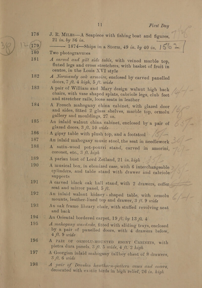 178 J. R. MiLes—A Seapiece with fishing boat and figures, Ms 21 in. by 36 in. rae RE: 1874—Ships in a Storm, 49 in. dy 40 in, JH'O &amp; | 180 Two photogravures   181 A carved and gilt side table, with veined marble top, fluted legs and cross stretchers, with basket of fruit in centre, in the Louis XVI style 182 A Normandy oak armoire, enclosed by carved panelled doors, 7 ft. 4 high, 5 ft. wide 183 A pair of William and Mary design walnut high back chairs, with vase shaped splats, cabriole legs, club feet and stretcher rails, loose seats in leather 184 A French mahogany china cabinet, with glazed door and sides, fitted 2 glass. shelves, marble top, ormolu - gallery and mouldings, 27 in. org 185° An inlaid walnut china cabinet, enclosed by a pair of | glazed doors, 3 /t. 10 wide 186. A gipsy table with plush top, and a footstool » 187 An inlaid mahogany music stool, the seat in needlework 188 A satin-wood pot-pourri stand, carved in amorini, } coronet, etc., 3 ft. high 189 A parian bust of Lord Zetland, 21 in. high | 190 A musical box, in ebonized case, with 6 interchangeable cylinders, and table stand with drawer and cabriole supports | 191 ~° A earved black oak hall stand, with 2 drawers, coffer } seat and mirror panel, 5 ft. 192 An inlaid: walnut kidney - shaped table, with ormolu mounts, leather-lined top and drawer, 3 /¢. 9 wide baEES An oak frame library chair, with stuffed revolving seat and back 194 ~ An Oriental bordered carpet, 19 ft: by 13 ft. 4 195 A mahogany wardrobe, fitted with sliding trays, enclosed _ by a pair of panelled doors, with 4 drawers below, 4 ft. 9 wide | 196 A PAIR OF ORMOLU-MOUNTED EBONY CABINETS, with pietra dura panels, 3/7. 5 wide, 4 ft.'2 high 197 ~~ A Georgian inlaid mahogany tallboy chest ‘of 8 drawers, 3 ft. 6 wide ee fide 198) | A pair of Dresden hawthorn-pattern: vases and covers, decorated with exotic birds in high relief, 26 in. high