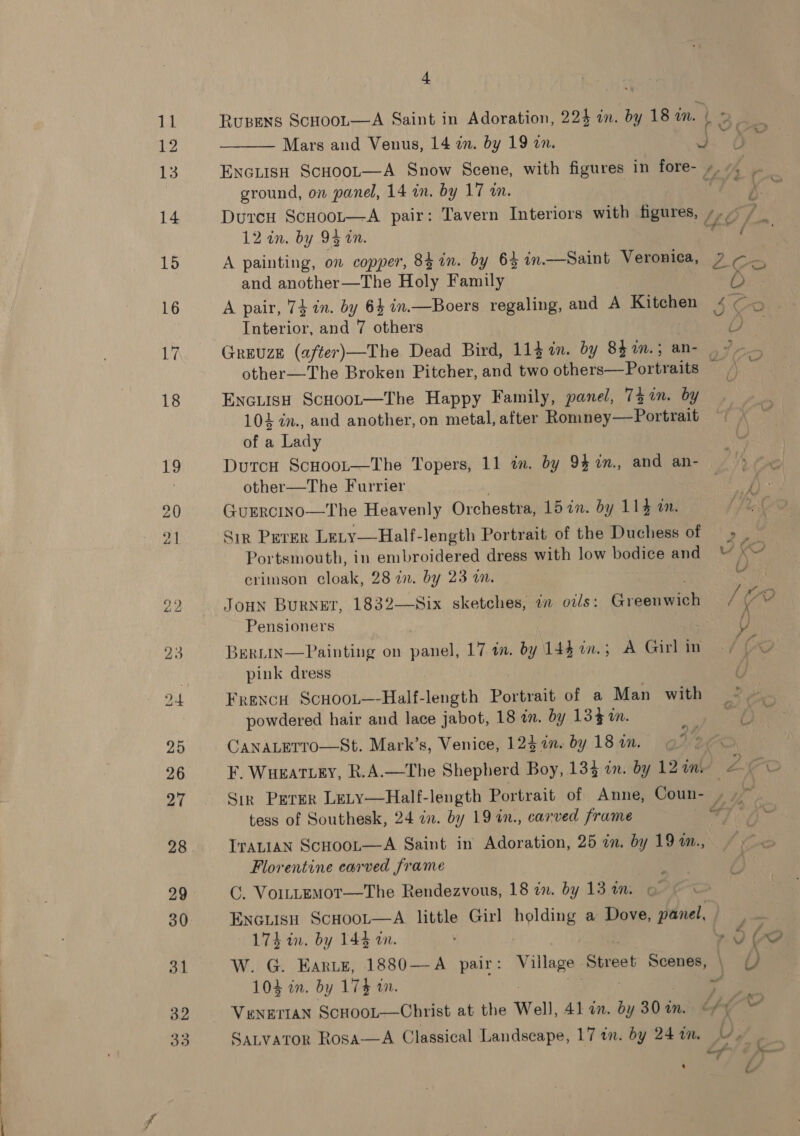  4 A painting, on copper, 84 in. by 6% in.—Saint Veronica, and abouhel agate Holy Family A pair, 74 in. by 64 in.—Boers regaling, and A Kitchen Tuten and 7 others EncLisH ScHoor—The Happy Family, panel, 737m. by 104 in., and another, on metal, after Romney—Portrait of a Lady other—The Furrier | GuErcino—The Heavenly Orchestra, 15 in. by 114 m™. Sin Perer LeLy—Half-length Portrait of the Duchess of Portsmouth, in embroidered dress with low bodice and erimson cloak, 28 2n. by 23 a. Joun Burner, 1832—Six sketches, m ous : Ree oe Pensioners  Bertin—Painting on panel, 17 in. by 144 in.; A Girl in pink dress Frexcu Scuoot—-Half-length Portrait of a Man with powdered hair and lace jabot, 18 an. by 134 in. CANALETTO—St. Mark’s, Venice, 124 2n. by 18 an. F. Wueatiey, R.A.—The Shepherd Boy, 133 im. by 12 in tess of Southesk, 24 in. by 19 in., carved frame ITALIAN ScHoot—A Saint in Adoration, 25 in. by 19 m., Florentine carved frame C. VoILLEMoT—The Rendezvous, 18 in. by 13 a0. 174 in. by 144 on. . W. G. Earte, 1880—A pair: Village Street Scenes, 104 in. by 174 in. Satvator Rosa—A Classical Landscape, 17 in. by 24 im,
