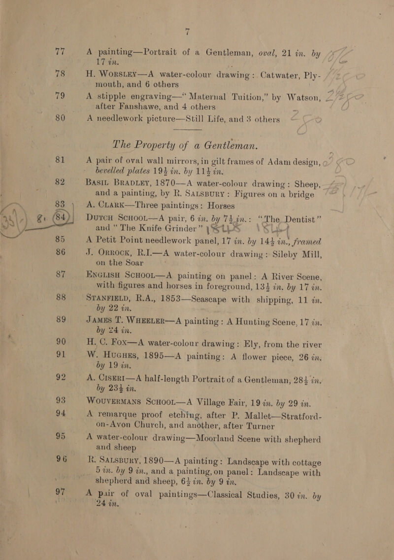  97 7 A painting—Portrait of a Gentleman, oval, 21 in. by 17 %n. H. WorsLEY—A water-colour drawing: Catwater, Ply- mouth, and 6 others | ih A stipple engraving—* Maternal Tuition,” by Watson, / after Fanshawe, and 4 others A needlework picture—Still Life, and 3 others  The Property of a Gentleman. A pair of oval wall mirrors, in gilt frames of Adam design, bevelled plates 194 in. by 114 in. | Basin BRADLEY, 1870—A water-colour drawing: Sheep, and a painting, by R. Sarspury: Figures on a bridge A. CLaRK—Three paintings: Horses DurcH ScHoot—A pair, 6 in. by Thin.: “The Dentist ” and “ The Knife Grinder” \s Les SL A Petit Point needlework panel, 17 in. by 144 in., Jramed J. Orrock, R.IL—A water-colour drawing ; Sileby Mill, on the Soar ENGLISH SCHOOL—A painting on panel: A River Scene, with figures and horses in foreground, 134 in. by 17 in. STANFIELD, R.A., 1853—Seascape with shipping, 11 zn. Eby 22 2n. JAMES T. WHEELER—A painting : A Hunting Scene, 17 in. by 24 in. H. C. Fox—A water-colour drawing: Ely, from the river W. HuGuEs, 1895—A painting: A flower piece, 26 in. by 19 in. ; by 234 in. WOUVERMANS ScHoot—A Village Fair, 19 in. by 29 in. A remarque proof etching, after P. Mallet—Stratford- on-Avon Church, and another, after Turner A water-colour drawing—Moorland Scene with shepherd and sheep K. Sausbury, 1890—A painting: Landscape with cottage om. by 9 in., and a painting, on panel: Landscape with shepherd and sheep, 63 in. by 9 in. A pair of oval paintings—Classical Studies, 30 in. by 24 tn.