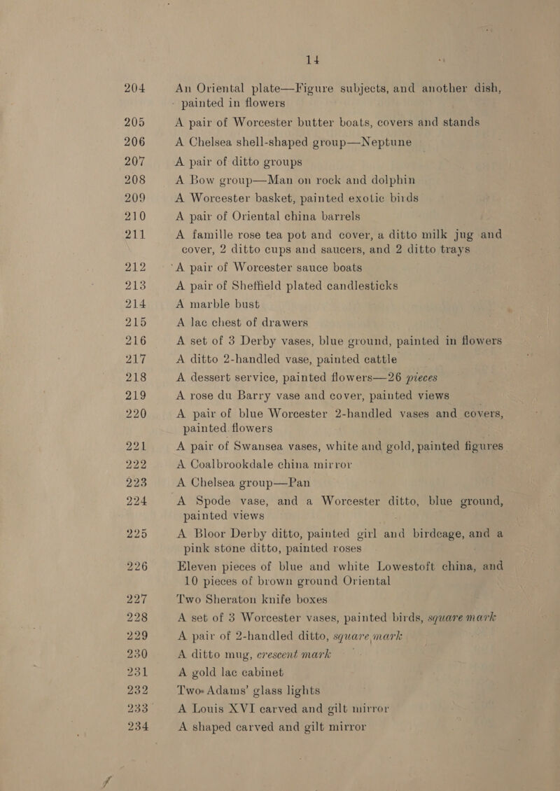 An Oriental plate—Figure subjects, and another dish, A pair of Worcester butter boats, covers and stands A Chelsea shell-shaped group—Neptune A pair of ditto groups A Bow group—Man on rock and dolphin A Worcester basket, painted exotic birds A pair of Oriental china barrels A famille rose tea pot and cover, a ditto milk jug and cover, 2 ditto cups and saucers, and 2 ditto trays A pair of Sheffield plated candlesticks A marble bust A lac chest of drawers A set of 3 Derby vases, blue ground, painted in flowers A ditto 2-handled vase, painted cattle A dessert service, painted flowers—26 pieces A rose du Barry vase and cover, painted views A pair of blue Worcester 2-handled vases and covers, painted. flowers A pair of Swansea vases, white and gold, painted figures. A Coalbrookdale china mirror A Chelsea group—Pan A Spode vase, and a Worcester ditto, blue ground, painted views A Bloor Derby ditto, Suited girl and birdcage, and a pink stone ditto, painted roses Eleven pieces of blue and white Lowestoft china, and 10 pieces of brown ground Oriental Two Sheraton knife boxes A set of 3 Worcester vases, painted birds, square mark A pair of 2-handled ditto, square mark A ditto mug, crescent mark A gold lac cabinet Twoe Adams’ glass lights A Louis XVI carved and gilt mirror A shaped carved and gilt mirror
