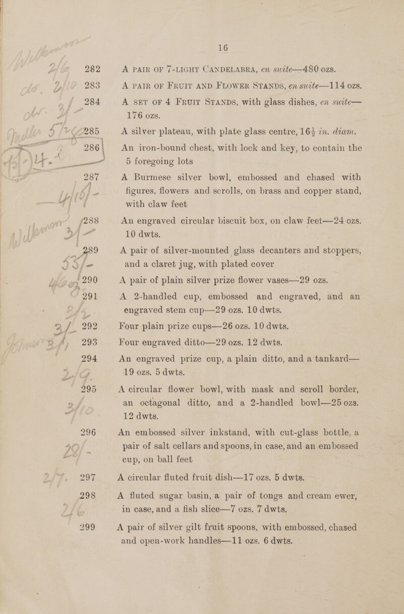  A PAIR OF 7-LIGHT CANDELABRA, en suite—480 ozs. A PAIR OF FRUIT AND FLOWER STANDS, en suzte—114 ozs. A SET OF 4 FRUIT STANDS, with glass dishes, en swite— A silver plateau, with plate glass centre, 165 i. diam. An iron-bound chest, with lock and key, to contain the 5 foregoing lots A Burmese silver bowl, embossed and chased with with claw feet An engraved circular biscuit box, on claw feet—24 ozs. A pair of silver-mounted glass decanters and stoppers, and a claret jug, with plated cover A pair of plain silver prize flower vases—29 ozs. A 2-handled cup, embossed and engraved, and an engraved stem cup—29 ozs. 10 dwts. 7 Four plain prize cups—26 ozs. 10 dwts. Four engraved ditto—29 ozs. 12 dwts, An engraved prize cup, a plain ditto, and a tankard— 19 ozs. 5 dwts. A circular flower bowl, with mask and scroll border, an octagonal ditto, and a 2-handled bowl—25 ozs. 12 dwts. a4 An embossed silver inkstand, with cut-glass bottle, a pair of salt cellars and spoons, in case, and an embossed cup, on ball feet A circular fluted fruit dish—17 ozs. 5 dwts. A fluted sugar basin, a pair of tongs and cream ewer, in case, and a fish slice—7 ozs. 7 dwts. A pair of silver gilt fruit spoons, with embossed, chased and open-work handles—11 ozs. 6 dwts. -