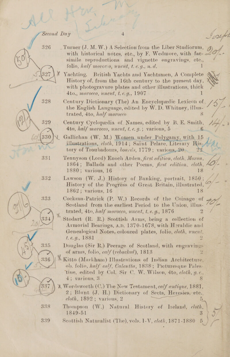 “with historical notes, ete., by F. Wedmore, with fac- —&lt; a, » simile reproductions nd vignette engravings, ete, ¢ folio, half morcevo, uncut, t.e.g., n.d. ] m Yachting. British Yachts and Yachtsmen, A Complete N f i Sted Day —_  History of, from the 16th century to the present day, with photogravure plates and other illustrations, thick 4to., morocco, uncut, t.e.g., 1907. : 1 328 Century Dictionary (The) An Eneyclopeedic Lexicon of. m3 the English Language, edited by W. D. Whitney, illus- Te ‘i ) trated, 4to, half morocco 8 3 WP N 329 Century Cyclopedia of Names, edited by B. E. ee ‘“, a4 4to, half morocco, wneut, t.e.g.; various, 5 Gallichan (W. M.) Women under Polygamy, with 15 iUlustrations, cloth, 1914; Saint Pelare, Litera: ry neds AL tory of Troubadours, doards, 1779 ; various, 20 Jo aol Tennyson (Lord) Enoch Arden, first edition, cloth, Moxon, 1864; Ballads and other Poems, jirst edition, cloth, 1880 various, 16 : Sos ae ; 4 Lawson (W. J.) History of Banking, portrait, 1850; History of the Progress of Great Britain, illustrated, 2 1862; various, 16 is Cockran-Patrick (P. W.) Records of the Coinage of AT Scotland from the earliest Period to the Union, illus- *™ trated, 4to, half morocco, wncut, t.e.g., 1876 | ee ~ Stodart (R. R.) Scottish Arms, being a collection of Armorial Bearings, A.D. 1370-1678, with Heraldic and Genealogical Notes, coloured plates, folio, cloth, uncut,  y a  VV (..é..9., 4864 2 | ah 30 Douglas (Sir R.) Peerage of Scotland, with engravings \ } er of arms, folio, calf (rebacked), 1813 | oe. i \ 336. }} M Kitto (Markham) [lustrations of Indian Architecture, A nil | ob. folio, half calf, Calcutta, 1838; Picturesque Pales- ‘tine, edited by Col. Sir C. W..-Wilson, 4to, cloth, g.e.,—  4; various, 3 § ah fai) X Wordsworth (C.) The New Testament, ca/f dation? 188], very 2: Biante J. H.) Dictionary of peat Heresies, -ete., | sath, 1892:; various, 2 5 | 338 Thompson (Ww .) Natural. History af Theland, ere: ie 1849-51 | eae \/ | 3 339 Scottish Naturalist (The), vols. 1-V, cloth, 1871-1880 5 oe w/