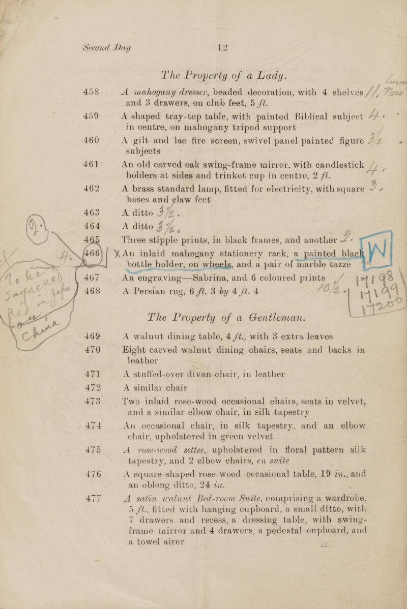  Lhe Property of a Lady UL yf. A mahogany dresser, beaded decoration, with 459 shelves ths Vicee and 3 drawers, on club feet, 5 /¢. A shaped tray-top table, with painted Biblical subject ff. in centre, on mahogany tripod support subjects 461 462 An old carved oak swing-frame mirror, with candlestick holders at sides and trinket cup in centre, 2 /¢ A brass standard lamp, fitted for electricity, with square ~ - bases and a“ feet A ditto 3/4 A ditto A cy “ ete ‘eager j %An inlaid mahogany stationery rack, a painted black Three stipple prints, in black frames, and another ae bottle holder, on wheels, and a pair of marble tazze   i} An engraving &lt;aehe ia, and 6 coloured prints - ff 1 { at A Persian rug, 6 ft. 3 by 4 ft. 4 0/2 The Property of a Gentleman. \ A walnut dining table, 4 /¢., with 3 extra leaves Eight carved walnut dining chairs, seats and backs in A stuffed-over divan chair, in leather A similar chair ['wo inlaid rose-wood occasional chairs, seats in velvet and a similar elbow chair, in silk tapestry An occasional chair in silk tapestry, and an elbow chair, upholstered in green velvet A rose-wood settee, upholstered in floral pattern silk tapestry, and 2 elbow chairs, en suzte A square-shaped rose-wood occasional table, 19 an., and an oblong ditto, 24 ez A satin walnut Bed-room Suite, comprising a wardrobe, ) ft., fitted with hanging cupboard, a small ditto, with 7 drawers and recess, a dressing table, with swing frame mirror and 4 drawers, a pedestal cupboard, and a towel airer -~