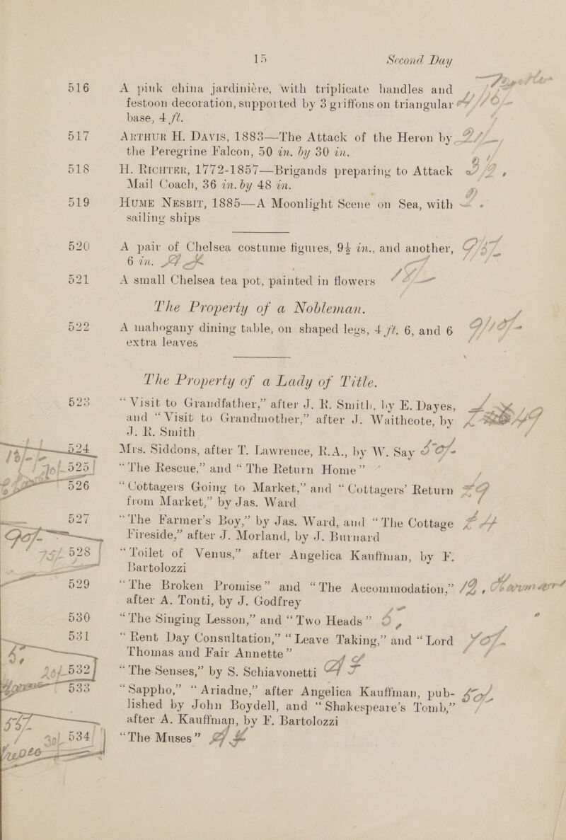 516 A pink china jardiniére, with triplicate handles and festoon decoration, supported by 3 griffons on triangular @* /” “ base, 4 ft. — % BRT Arruur H. Davis, 1883—The Attack of the Heron De Zee the Peregrine Falcon, 50 in. by 30 in. ; j 518 H. Ricurer, 1772-1857—Brigands preparing to Attack of /7 , Mail Coach, 36 in. by 48 in. : x 519 Hume NEspit, 1885—A Moonlight Scene on Sea, with “= - sailing ships 520 A pair of Chelsea costume figures, 94 an., and another, S/O /5 On. LF : Ps ae ae a21 A an Chelsea tea pot, painted in flowers “ @“-— The Property of a Nobleman. ae f) f f es Be 522 A mahogany dining table, on shaped lees, 4 /¢. 6, and 6 Fit $e extra leaves The Property of a Lady of Title. j 523 “ Visit to Grandfather,” after J. R. Smith, by E. Dayes, 4 3 and ~ Visit. to Gomdume tier. ” after J. Waithcote, by 4 sb J. R. Smith Mrs. Siddons, after T. Lawrence, R.A., by W. Say St O/- “The Rescue,” and “ The Return Home” * Cottagers Going to Market,’ and ‘Cottagers’ Return *&amp;  Yay, from Market,” by Jas. Ward 3 k — 527 “The Farmer’s Boy,” by Jas. Ward, and “The Cottage x ¢f Oo. ~w =—s-s Fireside,” after J. Morland, by J. Burnard &amp; FSi. 928 “Toilet of Venus,” after Angelica Kauffman, by F. Re Bartolozzi yy, . Gor : ¢ @ Wal », é ‘he Broken Promise” and “The Accommodation,” 1G » He Meme after A. Tonti, by J. Godfrey eS fe e “The Singing Lesson,” and “Two Heads” 0 , 7 ra A ey “ Rent Day Consultation,” “ Leave Taking,’ and “Lord ~@ Thomas and Fair Annette . Wf : of we ee f — “ The Senses,” by S. Schiavonetti LT “Sappho,” “Ariadne,” after iii Raufiiian, pub- lished by John Boydell, and “ Shakespeare’s Tomb,” after A. oe by F. Bartolozzi “The Muses ” Sy # y, 