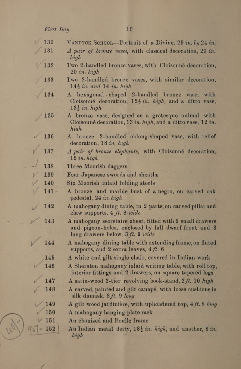 130 VANDYCK ScHOoL—Portrait of a Divine, 29 in. by 24 an. eee Gay A pair of bronze vases, with classical decoration, 20 in. high 132 Two 2-handled bronze vases, with Cloisonné decoration, 20 in. high 133 Two 2-handled bronze vases, with indilae decoration, 144i. and 14 in. high ie 134 A hexagonal-shaped 2-handled bronze vase, with Cloisonné decoration, 154%. high, and a ditto vase, 134 in. high 135 A bronze vase, designed as a grotesque animal, with Cloisonné decoration, 13 in. high, and a 1 ditto vase, 12 an. high 136 A bronze 2-handled oblong-shaped vase, with relief decoration, 18 zn. high 137 A pair of bronze elephants, with - es decoration, 15 an. high 138 Three Moorish daggers 139 Four Japanese swords and sheaths 140 Six Moorish inlaid folding stools 141- A bronze and marble bust of a negro, on carved oak pedestal, 24 an. high 142 A mahogany dining table, in 2 parts, on carved pillar aa claw supports, 4 /¢. 8 wide 143 A mahogany secretaire chest, fitted with 9 small dabei and pigeon-holes, enclosed by fall dwarf front and 3 long drawers below, 3 ft. 9 wide 144 A mahogany dining table with extending fianees on fluted supports, and 2 extira leaves, 4 ft. 6 145 A white and gilt single chair, covered in Indian work 146 A Sheraton mahogany inlaid writing table, with roll top, , interior fittings and 2 drawers, on square tapered legs 147 A satin-wood 2-tier revolving book-stand, 2/¢. 10 high 148 A carved, painted and gilt canapé, with loose cushions in | silk damask, 8/¢. 9 long © 149 A gilt wood jardiniére, with upholstered top, 4 7¢. 8 long / 150 A mahogany hanging plate rack high