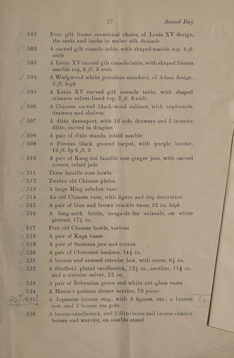 a Second Day Four gilt frame occasional chairs, of Louis XV design, the seats and backs in amber silk damask A carved gilt console table, with shaped marble top, 4 ft. wide A Louis XV carved gilt console table, with shaped Sienna marble top, 6 ft. 3 wide A Wedgwood white porcelain standard, of Adam design, 5 ft. high A Louis XV carved gilt console table, with shaped crimson velvet-lined top, 5 ft. 6 wide A Chinese carved black-wood cabinet, with cupboards, drawers and shelves A ditto davenport, with 10 side drawers and 5 interior ditto, carved in dragons A pair of ditto stands, inlaid marble A Persian black ground carpet, with purple border, 10 ft. by 6 ft. 3 A pair of Kang-hsi famille rose ginger jars, with carved covers, Inlaid jade Three famille rose bowls Twelve old Chinese plates A large Ming celadon vase An old Chinese vase, with figure and dog decoration A pair of blue and brown crackle vases, 22 a. high A long-neck bottle, rouge-de-fer animals, on white ground, 174 in. Five old Chinese bowls, various A pair of Kaga vases A pair of Satsuma jars and covers A pair of Cloisonné beakers, 143 zn. A bronze and enamel circular box, with cover, 64 27. A Sheffield plated candlestick, 123 zn., another, 114 i., and a circular salver, 12 a2. A pair of Bohemian green and white cut-glass vases A Mason’s pattern dinner service, 70 pieces A Japanese bronze stag, with 3 figures, etc., a bronze cow, and 2 brouze tea pots A bronze candlestick, and 2 ditto brass and bronze chariot horses and warrior, on marble stand 