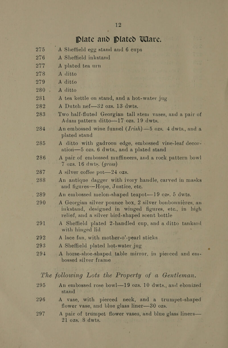 292 293 12 Plate and Plated Ware. A Sheftield inkstand A plated tea urn A ditto A ditto A ditto Bi, A tea kettle on stand, and a hot-water jug A Dutch nef—32 ozs. 13-dwts. Two half-fluted Georgian tall sten: vases, and a pair of Adam pattern ditto—17 ozs. 19 dwts. An embossed wine funnel (J77sh) —5 ozs. 4 dwts., and a plated stand A ditto with gadroon edge, embossed vine-leaf decor - ation—5 ozs. 6 dwts., and a plated stand A pair of embossed muffineers, and a rock pattern bowl 7 ozs. 16 dwts. (gross) A silver coffee pot—24 ozs. and figures-—Hope, Justice, ete. An embossed melon-shaped teapot—19 ozs. 5 dwts. A Georgian silver pounce box, 2 silver bonbonniéres, an inkstand, designed in winged figures, etc., in high relief, and a silver bird-shaped scent bottle A Sheffield plated 2-handled cup, and a ditto ung with hinged lid A lace fan, with mother-o’-pearl sticks A Sheffield plated hot-water jug A horse-shoe-shaped table mirror, in pierced and em- bossed silver frame 295 296 297 An embossed rose bowl—19 ozs. 10 dwts., and ebonized stand A vase, with pierced neck, and a_ trumpet-shaped flower vase, and blue glass liner—30 ozs. A pair of trumpet flower vases, and blue glass liners—