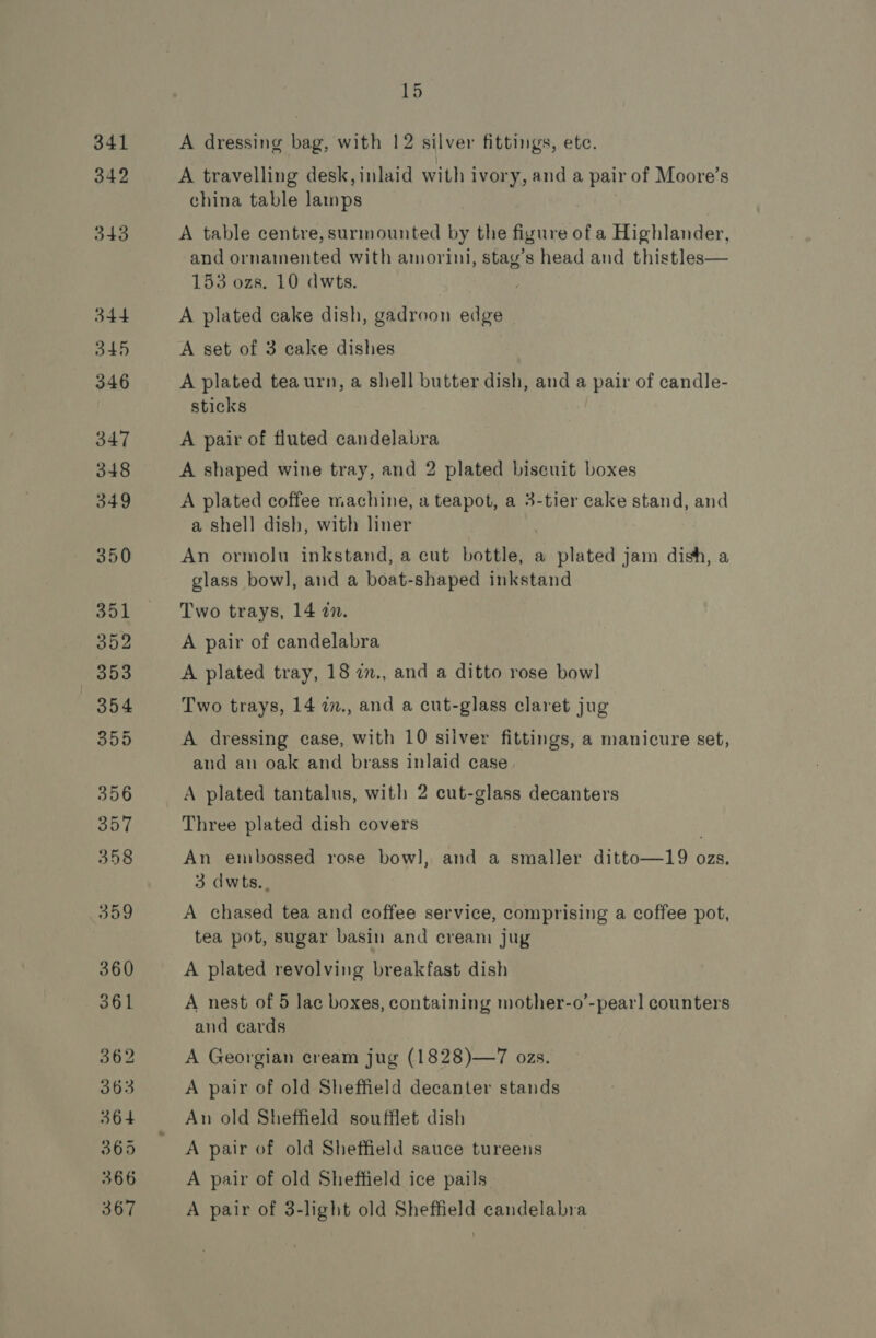 342 343 344 345 346 347 348 349 350 351 352 353 354 359 356 357 358 359 360 361 362 363 364 364 366 367 15 A travelling desk, inlaid with ivory, and a pair of Moore’s china table lamps A table centre, surmounted by the figure of a Highlander, and ornamented with amorini, stag’s head and thistles— 153 ozs. 10 dwts. A plated cake dish, gadroon edge | A set of 3 cake dishes A plated tea urn, a shell butter dish, and a pair of candle- sticks A pair of fluted candelabra A shaped wine tray, and 2 plated biscuit boxes A plated coffee machine, a teapot, a 3-tier cake stand, and a shell dish, with liner An ormolu inkstand, a cut bottle, a plated jam dish, a glass bowl, and a boat-shaped inkstand Two trays, 14 7n. A pair of candelabra A plated tray, 18 in., and a ditto rose bow] Two trays, 14 a., and a cut-glass claret jug A dressing case, with 10 silver fittings, a manicure set, and an oak and brass inlaid case. A plated tantalus, with 2 cut-glass decanters Three plated dish covers An embossed rose bow], and a smaller ditto—19 ozs, 3 dwts.. A chased tea and coffee service, comprising a coffee pot, tea pot, sugar basin and cream juy A plated revolving breakfast dish A nest of 5 lac boxes, containing mother-o’-pearl counters and cards A Georgian cream jug (1828)—7 ozs. A pair of old Sheffield decanter stands An old Sheffield soufflet dish A pair of old Sheffield sauce tureens A pair of old Sheffield ice pails A pair of 3-light old Sheffield candelabra