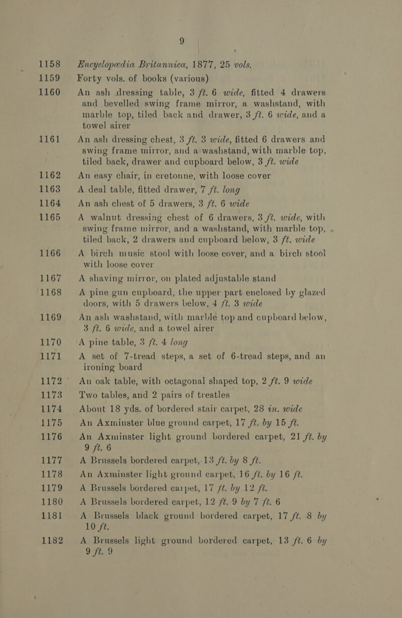 1158 1159 1160 1161 1162 1163 1164 1165 1166 1167 1168 1169 1170 1171 thi2 Wiig 1174 1175 1176 1177 1178 LED 1180 1181 1182 9 Encyclopedia Britannica, 1877, 25 vols. Forty vols. of books (various) An ash dressing table, 3 ft. 6 wide, fitted 4 drawers and bevelled swing frame mirror, a washstand, with marble top, tiled back and drawer, 3 /¢. 6 wide, and a towel airer An ash dressing chest, 3 ft. 3 wide, fitted 6 drawers and swing frame mirror, and a washstand, with marble top, tiled back, drawer and cupboard below, 3 /¢. wide An easy chair, in cretonne, with loose cover A deal table, fitted drawer, 7 /t. long An ash chest of 5 drawers, 3 ft. 6 wide A walnut dressing chest of 6 drawers, 3 /¢. wide, with swing frame mirror, and a washstand, with marble top, . tiled back, 2 drawers and cupboard below, 3 /¢. wide A birch music stool with loose cover, and a birch stool with loose cover A shaving mirror, on plated adjustable stand A pine gun cupboard, the upper part enclosed by glazed doors, with 5 drawers below, 4 /¢. 3 wide An ash washstand, with marble top and cupboard below, 3 ft. 6 wide, and a towel airer A pine table, 3 /t. 4 long A set of 7-tread steps, a set of 6-tread steps, and an ironing board An oak table, with octagonal shaped top, 2 ft. 9 wide Two tables, and 2 pairs of trestles About 18 yds. of bordered stair carpet, 28 an. wide An Axminster blue ground carpet, 17 /t. by 15 ft. An Axminster light ground bordered carpet, 21 /¢. by 9 ft. 6 A Brussels bordered carpet, 13 /t. by 8 ft. An Axminster light ground carpet, 16 ft. by 16 /¢. A Brussels bordered carpet, 17 ft. by 12 ft. A Brussels bordered carpet, 12 ft. 9 by 7 ft. 6 A Brussels black ground bordered carpet, 17 /¢. 8 by 10 ft. A Brussels light ground bordered carpet, 13 /t. 6 by 9.72.9