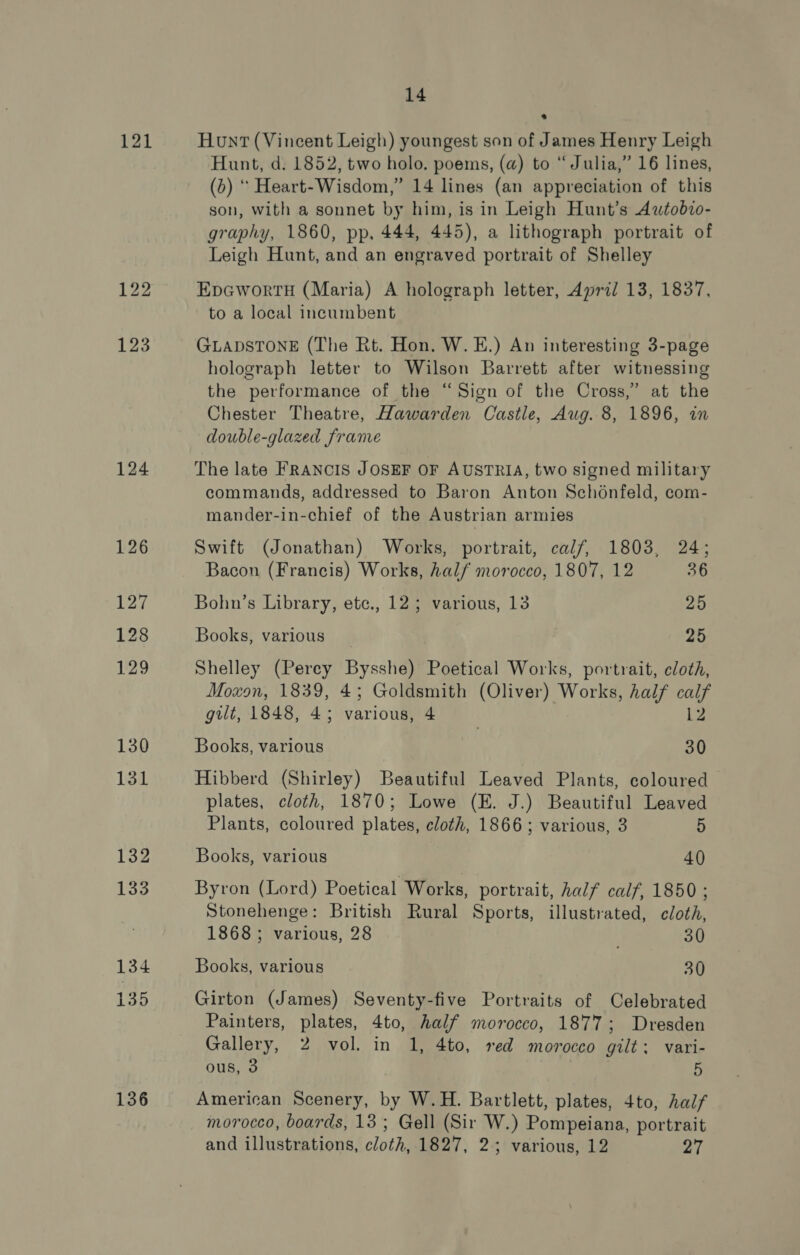 121 122 123 124 136 14 Hunt (Vincent Leigh) youngest son of James Henry Leigh Hunt, d. 1852, two holo. poems, (a) to “Julia,” 16 lines, (b) “ Heart-Wisdom,” 14 lines (an appreciation of this son, with a sonnet by him, is in Leigh Hunt’s Awtobio- graphy, 1860, pp, 444, 445), a lithograph portrait of Leigh Hunt, and an engraved portrait of Shelley Epeworru (Maria) A holograph letter, April 13, 1837, to a local incumbent GLADSTONE (The Rt. Hon. W. E.) An interesting 3-page holograph letter to Wilson Barrett after witnessing the performance of the “Sign of the Cross,” at the Chester Theatre, Hawarden Castle, Aug. 8, 1896, a double-glazed franve The late FRANCIS JOSEF OF AUSTRIA, two signed military commands, addressed to Baron Anton Schonfeld, com- mander-in-chief of the Austrian armies Swift (Jonathan) Works, portrait, calf, 1803, 24; Bacon (Francis) Works, half morocco, 1807, 12 36 Bohn’s Library, etc., 12; various, 13 25 Books, various 25 Shelley (Perey Bysshe) Poetical Works, portrait, cloth, Moxon, 1839, 4; Goldsmith (Oliver) Works, half calf gilt, 1848, 4; various, 4 L2 Books, various 30 Hibberd (Shirley) Beautiful Leaved Plants, coloured plates, cloth, 1870; Lowe (E. J.) Beautiful Leaved Plants, coloured plates, cloth, 1866; various, 3 5 Books, various 40 Byron (Lord) Poetical Works, portrait, half calf, 1850; Stonehenge: British Rural Sports, illustrated, cloth, 1868; various, 28 30 Books, various 30 Girton (James) Seventy-five Portraits of Celebrated Painters, plates, 4to, half morocco, 1877; Dresden Gallery, 2 vol. in 1, 4to, red morocco gilt; vari- ous, 3 5 American Scenery, by W.H. Bartlett, plates, 4to, half morocco, boards, 13 ; Gell (Sir W.) Pompeiana, portrait and illustrations, cloth, 1827, 2; various, 12 27