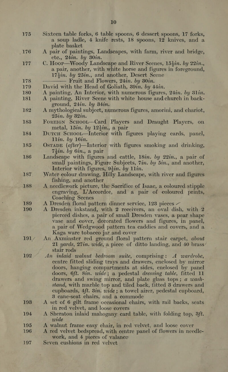 192 193 194 195 196 197 10 Sixteen table forks, 6 table spoons, 6 dessert spoons, 17 forks, a soup ladle, 4 knife rests, 18 spoons, 12 knives, and a plate basket A pair of paintings, Landscapes, with farm, river and bridge, ete., 24¢n. by 30in. C. Hoop—Woody Landscape and River Scenes, 154in. by 22in., a pair, another, with white horse and figures in foreground, 174in. by 25in., and another, Desert Scene ———— Fruit and Flowers, 24in. by 30in. David with the Head of Goliath, 397. by 447n. A painting, An Interior, with numerous figures, 24in. by 31in. A painting, River Scene with white house and church in back- eround, 24in. by 34in. A mythological subject, numerous figures, amorini, and chariot, 257n. by 382i. ForEIGN Scuoot—Card Players and Draught Players, on metal, 15in. by 124in., a pair Dutcu Scuoot—Interior with figures playing cards, panel, llin. by 161n. OsTADE (after)—Interior with figures smoking and drinking, 74in. by 6in., a pair Landscape with figures and cattle, 18in. by 22in., a pair of small paintings, Figure Subjects, 7in. by 5in., and another, Interior with figures, 94in. by 11lin. Water colour drawing, Hilly Landscape, with river and figures fishing, and another A needlework picture, the Sacrifice of Isaac, a coloured stipple engraving, L’Accordee, and a pair of coloured prints, Coaching Scenes A Dresden floral pattern dinner service, 123 pieces ~ A Dresden inkstand, with 2 receivers, an oval dish, with 2 pierced dishes, a pair of small Dresden vases, a pear shape vase and cover, decorated flowers and figures, in panel, a pair of Wedgwood pattern tea caddies and covers, and a Kaga ware tobacco jar and cover An Axminster red ground floral pattern stair carpet, about 21 yards, 27in. wide, a piece of ditto landing, and 40 brass’ stair rods An inlaid walnut bedroom suite, comprising: A wardrobe, centre fitted sliding trays and drawers, enclosed by mirror doors, hanging compartments at sides, enclosed by panel doors, 6ft. 8in. wide; a pedestal dressing table, fitted 11 drawers and swing mirror, and plate glass tops; a wash- stand, with marble top and tiled back, fitted 3 drawers and cupboards, 4ft. 31m. wide ; a towel airer, pedestal cupboard, 3 cane-seat chairs, and a commode A set of 6 gilt frame occasional chairs, with rail backs, seats in red velvet, and loose covers A Sheraton inlaid mahogany card table, with folding top, 3ft. wide A walnut frame easy chair, in red velvet, and loose cover A red velvet bedspread, with centre panel of flowers in needle- work, and 4 pieces of valance Seven cushions in red velvet