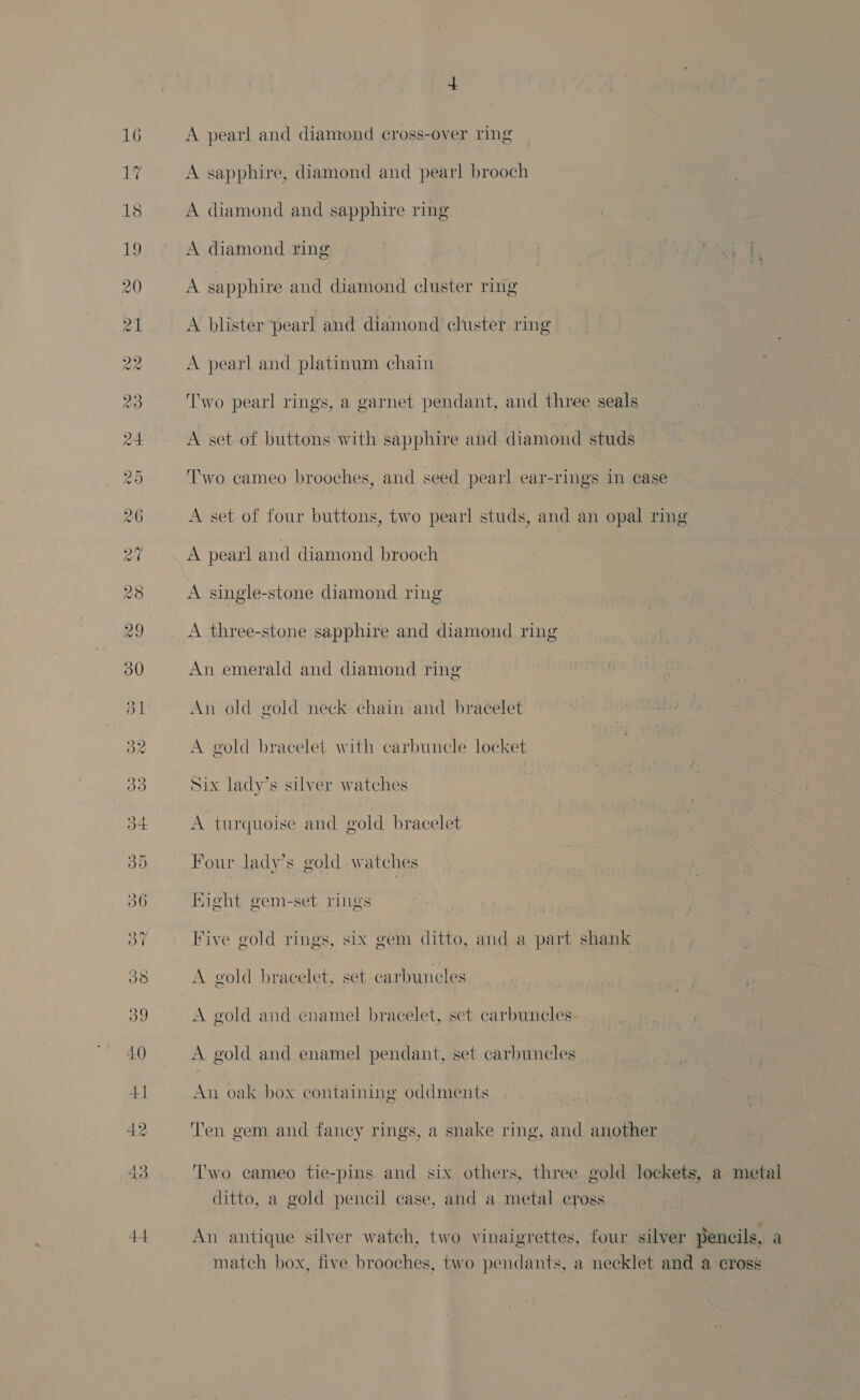 A pearl and diamond cross-over ring A sapphire, diamond and pearl brooch A diamond and sapphire ring A diamond ring A sapphire and diamond cluster ring A blister pearl and diamond cluster ring A pearl and platinum chain Two pearl rings, a garnet pendant, and three seals A set of buttons with sapphire and diamond studs Two cameo brooches, and seed pearl ear-rings in case A set of four buttons, two pearl studs, and an opal ring A pearl and diamond brooch A single-stone diamond ring A three-stone sapphire and diamond ring An emerald and diamond ring An old gold neck chain and bracelet A gold bracelet with carbuncle locket Six lady’s silver watches A turquoise and gold bracelet Four lady’s gold watches Hight gem-set rings Five gold rings, six gem ditto, and a part shank A gold bracelet, set carbuncles A gold and enamel bracelet, set carbuncles A gold and enamel pendant, set carbuncles An oak box containing oddments Ten gem and fancy rings, a snake ring, and another ditto, a gold pencil case, and a metal cross