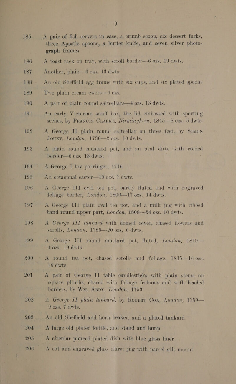 185 200 9 A pair of fish servers in case, a crumb scoop, six dessert forks, three Apostle spoons, a butter knife, and seven silver photo- graph frames A toast rack on tray, with scroll border—-6 ozs. 19 dwts. Another, plain—6 ozs. 13 dwts. An old, Sheffield egg frame with six cups, and six plated spoons Two plain cream ewers—6 ozs. A pair of plain round saltcellars—4 ozs. 13 dwts. An early Victorian snuff box, the lid embossed with sporting scenes, by Francis CLARKE, Birmingham, 1845—8 ozs. 5 dwts. A George II plain round saltcellar on three feet, by SrMon JOuUET, London, 1736—2 ozs. 10 dwts. A plain round mustard pot, and an oval ditto with reeded horder—6 ozs. 13 dwts.  A George I toy porringer, 1716  An octagonal caster—10 ozs. 7 dwts. A George IIT oval tea pot, partly fluted and with engraved foliage border, London, 1809—1% ozs. 14 dwts. A George [II plain oval tea pot, and a milk jug with ribbed band round upper part, London, 1808—~24 ozs. 10 dwts. A George II] tankard with domed cover, chased flowers and scrolls, London, 1785—-20 ozs. 6 dwts. A George III round mustard pot, fluted, London, 1819— 4 ozs. 19 dwis. A round tea pot, chased scrolls and foliage, 1835—16 ozs. 16 dwts A pair of George IT table candlesticks with plain stems on square plinths, chased with foliage festoons and with beaded borders, by Wu. Appy, London, 1753 9 ozs. 7 dwts. An old Sheffield and horn beaker, and a plated tankard A large old plated kettle, and stand and lamp A cireular pierced plated dish with blue glass liner A cut and engraved glass claret jug with parcel gilt mount