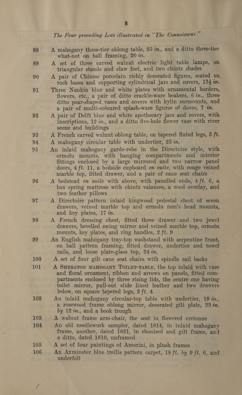 88 89 90 91 92 93 94 95 96 97 98 100 8 The Four preceding Lots illustrated in “‘The Connoisseur.” A mahogany three-tier oblong table, 25 m., and a ditto three-tier what-not on ball framing, 20 in. A set of three carved walnut electric light table lamps, on triangular stands and claw feet, and two chintz shades A pair of Chinese porcelain richly decorated figures, seated on, rock bases and supporting cylindrical jars and covers, 133 m. Three Nankin blue and white plates with ornamental borders, flowers, etc., a pair of ditto crackle-ware beakers, 6 in., three ditto pear-shaped vases and: covers with kylin surmounts, and a pair of multi-coloured splash-ware figures of doves, 7 m. A pair of Delft blue and white apothecary jars and covers, with inscriptions, 12 in., and a ditto five-hole flower vase with river scene and buildings A French carved walnut oblong table, on tapered fluted legs, 3 ft. A mahogany circular table with undertier, 23 im. An inlaid mahogany garde-robe in the Directoire style, with ormolu mounts, with hanging compartments and interior fittings enclosed by a large mirrored and two narrow panel doors, 4 ft. 11, a bedside cupboard en suite, with rouge veined marble top, fitted drawer, and a pair of cane seat chairs A bedstead en suite with above, with panelled ends, 4 f%. 6, a box spring mattress with chintz valances, a wool overlay, and two feather pillows A Directoire pattern inlaid kingwood pedestal chest of seven drawers, veined marble top and ormolu ram’s head mounts, and key plates, 17 i. A French dressing chest, fitted three drawer.and two jewel drawers, bevelled swing mirror and veined marble top, ormolu mounts, key plates, and ring handles, 2 ft. 9 An English mahogany tray-top washstand with serpentine front, on ball pattern framing, fitted drawer, undertier and towel rails, and loose plate-glass top, 24 in. A set of four gilt cane seat chairs with spindle rail backs A SHERATON MAHOGANY TOILET-TABLE, the top inlaid with vase and floral ornament, ribbon and arrows on panels, fitted com- partments enclosed by three rising lids, the centre one having toilet mirror, pull-out slide lined leather and two drawers below, on square tapered legs, 2 ft. 4 An inlaid mahogany circular-top table with undertier, 18 in., a rosewood frame oblong mirror, decorated gilt plate, 22 im. by 12 %m., and a book trough A walnut frame arm-chair, the seat in flowered cretonne An old needlework sampler, dated 1814, in inlaid mahogany frame, another, dated 1821, in ebonised and gilt frame, and a ditto, dated 1810, unframed . A set of four paintings of Amorini, in plush frames An Axminster blue trellis pattern carpet, 18 ft. 5y 9 ft. 6, and underfelt