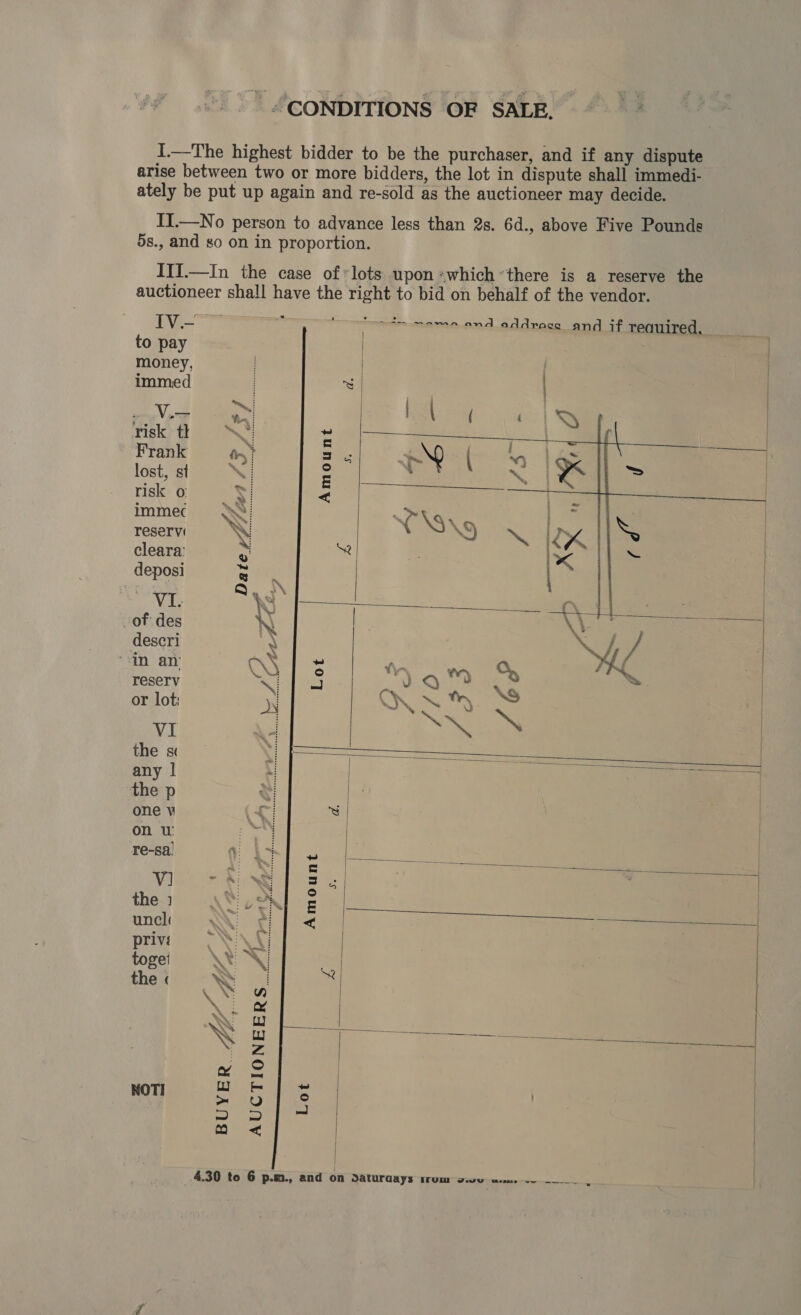 to pay money, immed eV ede risk tk Frank lost, st risk o immec reservi cleara: deposi naa ‘of des descri “an an reserv or lot; VI the s¢ any | the p one v on u re-sa! Vi the 1 uncli privé togel the ¢ NOTI Amount fe) Lh, y &lt; Date yf/ 24d 4 IF En, ae Se     Lot      Amount ‘Ste    £    AUCTIONEERS | Lot   este oe ye