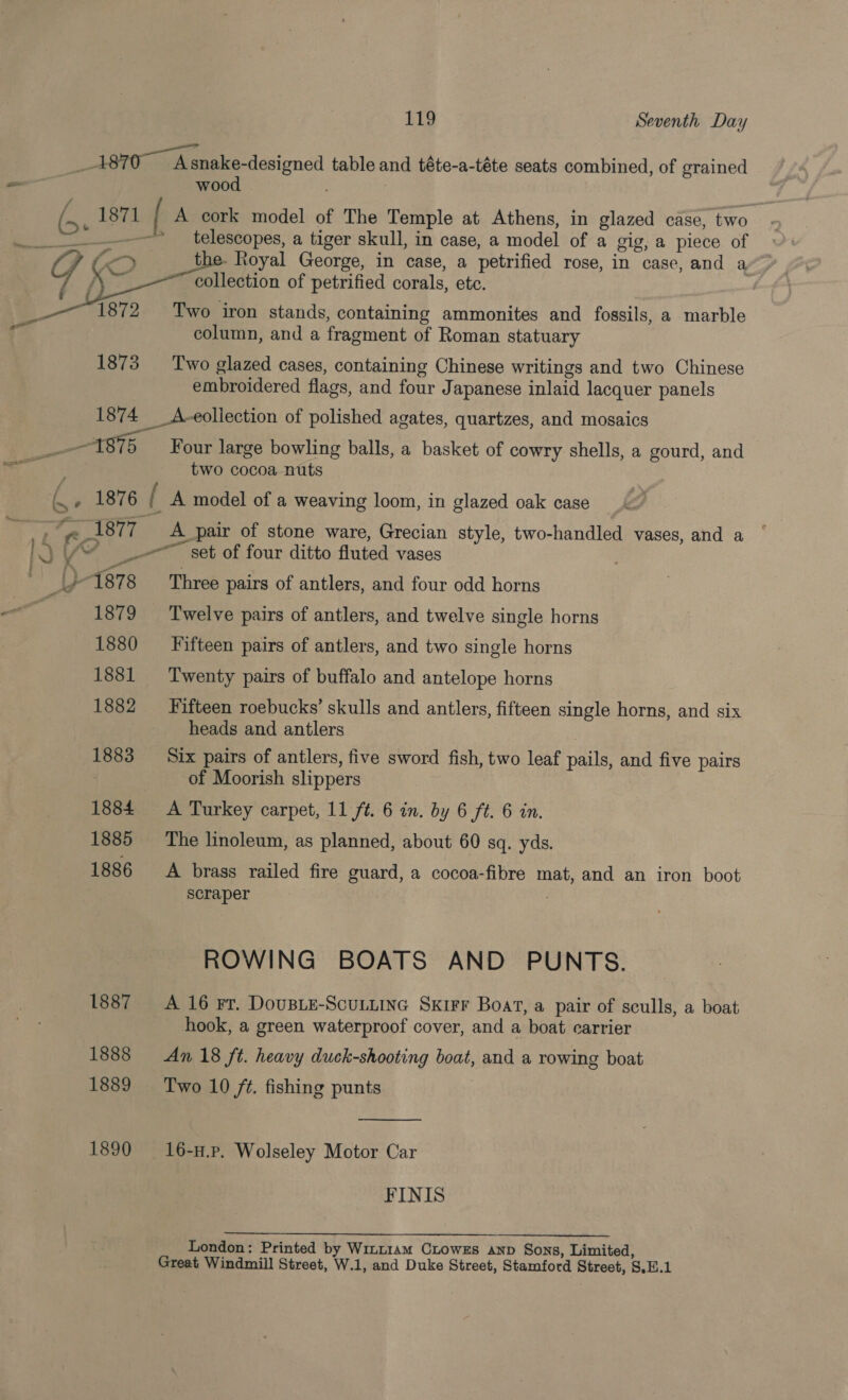 A870 —~Asnake-designed table and téte-a-téte seats combined, of grained o wood a / (&gt;. 1871 / A cork model of The Temple at Athens, in glazed case, two bets telescopes, a tiger skull, in case, a model of a gig, a piece of (&gt; the. Royal George, in case, a petrified rose, in case, and a oa collection of petrified corals, etc.   1872 Two iron stands, containing ammonites and fossils, a marble column, and a fragment of Roman statuary 1873 Two glazed cases, containing Chinese writings and two Chinese embroidered flags, and four Japanese inlaid lacquer panels 1874 _A-eollection of polished agates, quartzes, and mosaics Rs a Four large bowling balls, a basket of cowry shells, a gourd, and ———— two cocoa nuts fe , 1876 [ _A model of a weaving loom, in glazed oak case as n 187 A pair of stone ware, Grecian style, two-handled vases, and a , hy _-~ set of four ditto fluted vases E 1878 ‘Three pairs of antlers, and four odd horns —— 1879 Twelve pairs of antlers, and twelve single horns 1880 Fifteen pairs of antlers, and two single horns 1881 Twenty pairs of buffalo and antelope horns 1882 Fifteen roebucks’ skulls and antlers, fifteen single horns, and six heads and antlers 1883 Six pairs of antlers, five sword fish, two leaf pails, and five pairs of Moorish slippers 1884 A Turkey carpet, 11 ft. 6 in. by 6 ft. 6 in. 1885 The linoleum, as planned, about 60 sq. yds. 1886 A brass railed fire guard, a cocoa-fibre mat, and an iron boot scraper ROWING BOATS AND PUNTS. 1887 =A 16 Fr. DousLe-ScuLtine SxkirF Boat, a pair of sculls, a boat hook, a green waterproof cover, and a boat carrier 1888 An 18 ft. heavy duck-shooting boat, and a rowing boat 1889 Two 10 ft. fishing punts |  1890 16-H.P. Wolseley Motor Car FINIS I a cae ee, Se London: Printed by Wint1am CLOWES AND Sons, Limited, Great Windmill Street, W.1, and Duke Street, Stamford Street, S.H.1