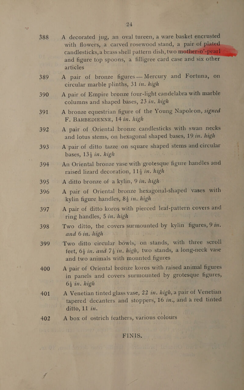 388 389 390 391 392 393 400 401 402 24 A decorated jug, an oval tureen, a ware basket encrusted with flowers, a carved rosewood stand, a pair of candlesticks, a brass shell pattern dish, two m and figure top spoons, a filligree card case and six other articles A pair of bronze figures— Mercury and Fortuna, on circular marble plinths, 31 7. high : A pair of Empire bronze four-light candelabra with marble columns and shaped bases, 23 in. high A bronze equestrian figure of the Young Napoleon, signed F. BARBEDIENNE, 14 in. high A pair of Oriental bronze candlesticks with swan necks and lotus stems, on hexagonal shaped bases, 19 in. high A pair of ditto tazze on square shaped stems and circular bases, 134 in. high An Oriental bronze vase with grotesque figure handles and raised lizard decoration, 11} in. high A ditto bronze of a kylin, 9 in. high A pair of Oriental bronze hexagonal-shaped vases with kylin figure. handles, 84 in. high A pair of ditto koros with pierced leaf- pees covers and ring handles, 5 in. high Two ditto, the covers surmounted by kylin figures, 9 2. Two ditto circular bowls, on stands, with three scroll feet, 64 in. and 74 in. high, two stands, a long-neck vase and two animals with mounted figures A pair of Oriental bronze keros with raised animal Geare in panels and covers pu by grotesque figures, 64 in. high A Venetian tinted glass vase, 22 in. high, a pair of Venetian tapered decanters and stoppers, 16 in., and a red tinted ditto, 11 in. A box of ostrich feathers, various colours FINIS. 
