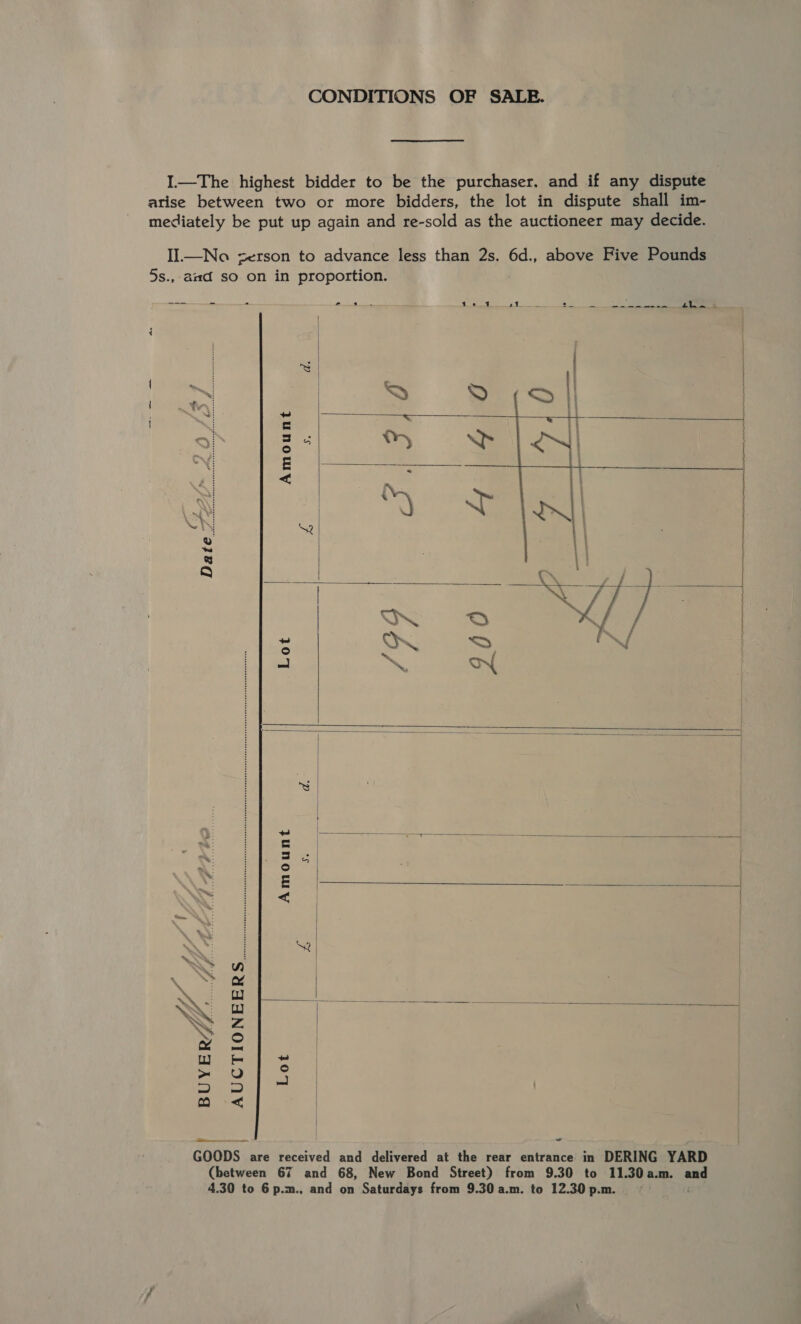 CONDITIONS OF SALE. I—The highest bidder to be the purchaser. and if any dispute arise between two or more bidders, the lot in dispute shall im- mediately be put up again and re-sold as the auctioneer may decide. II.—No zerson to advance less than 2s. 6d., above Five Pounds 5s., amd so on in proportion. ee om. « 2 2 as te f fh va = es Rate Ape a: Pil Bec seats 4            | | { a = fares Q SE Ne ~*~ 1 = 2) ie he &lt; ae teat, 2 . ~~ 8 Q — Ww RE =~ ol se Pia se | gas Fy | cay a esi, WS | LN WAG Oo) NX 2 S Z | x 2 | 6 ~~ =~ of § ae ig Ae no &lt; GOODS are received and delivered at the rear entrance in DERING YARD (between 67 and 68, New Bond Street) from 9.30 to 11.30 a.m. and 4.30 to 6 p.m., and on Saturdays from 9.30 a.m. to 12.30p.m.