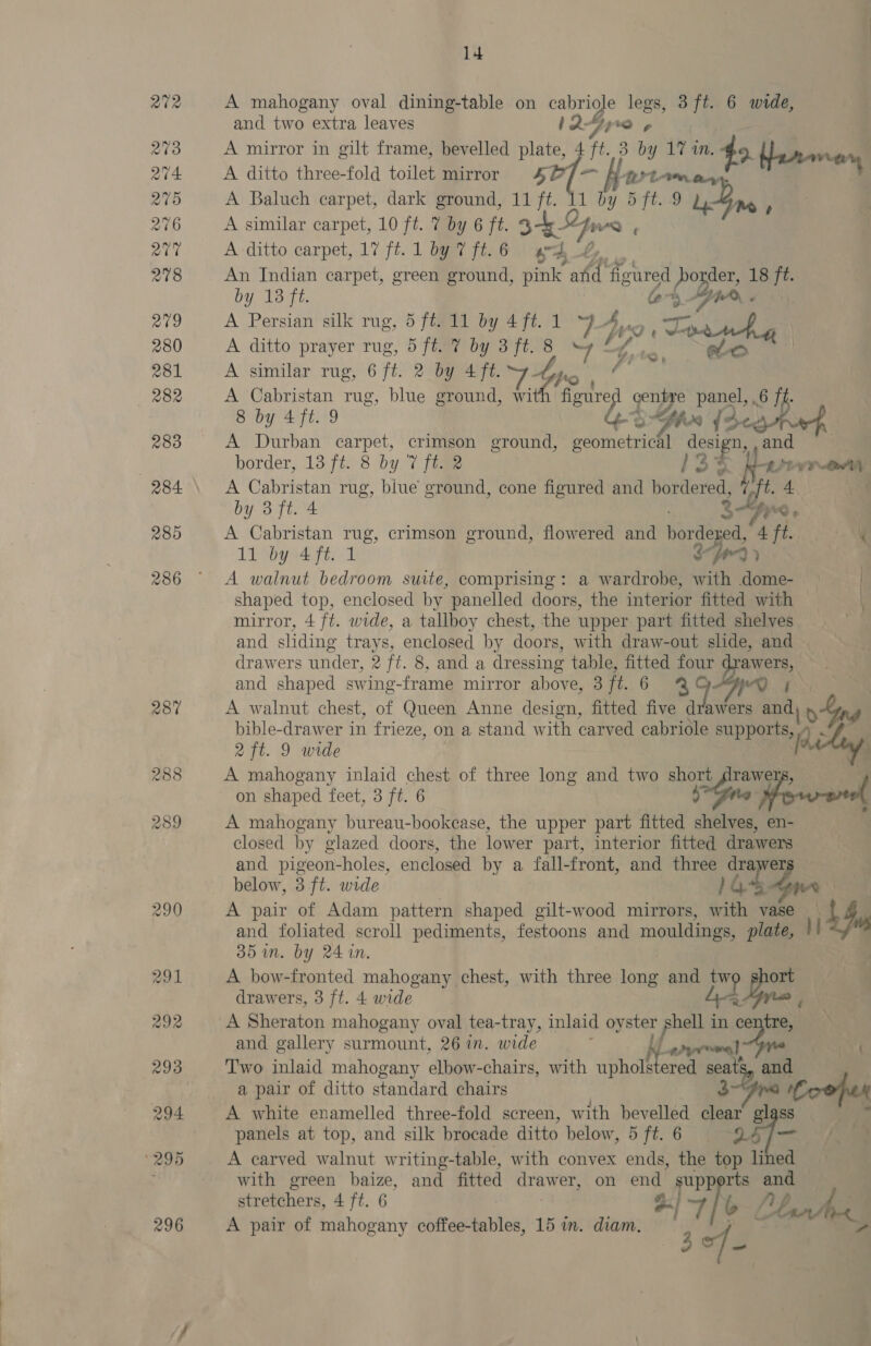 Q72 203 Q274 275 276 at 278 209 280 281 282 283 289 286 288 14 A mahogany oval dining-table on Ae Ap legs, 3ft. 6 wide, and two extra leaves 18 A mirror in gilt frame, bevelled sie * ft 3 by 17 an. 49 deaiee A ditto three-fold toilet mirror 4f¢ Aer tae. A Baluch carpet, dark ground, 11 ft. 11 by 5 ft. 9 Ly4ne y A similar carpet, 10 ft. 7 by 6 ft. se , A ditto carpet, 17 ft. 1 by 7 ft. 6 od An Indian carpet, green ground, pink gt figured oh Dn. 18 ft. by 18 ft. A Persian silk rug, 5 fi: 11 by 4ft. 1 F_A4,. wo p A ditto prayer rug, 5 ft. 7 by 8 ji 8 J ye eo | A similar rug, 6 ft. 2 by 4ft.7 A Cabristan rug, blue ground, Vets figure rye panel, 6 ff. 8 by 4 ft. 9 3h {d<, A Durban carpet, crimson ground, SMe ey and border, 13 ft. 8 by 'v ft. 2 13% fovrenens A Cabristan rug, blue ground, cone figured and bordered, t. 4. by 3 ft.'4 : z Y Lae . A Cabristan rug, crimson ground, flowered and bordered, 4 ft. 4 11 by 4 ft. 1 2p) A walnut bedroom suite, comprising: a wardrobe, with dome- . shaped top, enclosed by panelled doors, the interior fitted with mirror, 4 ft. wide, a tallboy chest, the upper part fitted shelves and sliding trays, enclosed by doors, with draw-out slide, and | drawers under, 2 ft. 8, and a dressing table, fitted AO awers, and shaped swing-frame mirror above, 3 ft. 6 wf A walnut chest, of Queen Anne design, fitted a = awers and bible-drawer in frieze, on a stand with carved cabriole supports, 2 ft. 9 wide [they A mahogany inlaid chest of three long and two short drawers, | on shaped feet, 3 ft. 6 aie A mahogany bureau-bookease, the upper part fitted shelves, en- closed by glazed doors, the lower part, interior fitted drawers and pigeon-holes, enclosed by a fall-front, and three drawer below, 3 ft. wide 1G A pair of Adam pattern shaped gilt-wood mirrors, with vase TE, and foliated scroll pediments, festoons and mouldings, plate, | Wes 35 in. by 24 in. A bow-fronted mahogany chest, with three lone and tw a ort drawers, 3 ft. 4 wide La A Sheraton mahogany oval tea-tray, inlaid oyster Pos in ce tres and gallery surmount, 26 in. wide paces, Two inlaid mahogany elbow-chairs, with uphols ered seat! and a pair of ditto standard chairs 3 t A white enamelled three-fold screen, with bevelled clear glass ; panels at top, and silk brocade ditto below, 5 ft. 6 2ST ae A carved walnut writing-table, with convex ends, the top lined with green baize, and fitted drawer, on end af rts and A pair of mahogany coffee-tables, 15 in. diam. 4 om