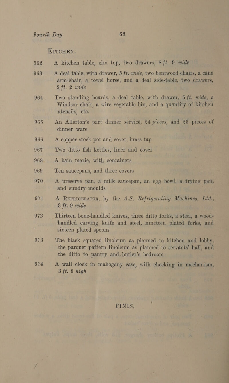 963 964 965 966 967 968 969 970 944 A deal table, with drawer, 5 ft. wide, two bentwood chairs, a cane arm-chair, a towel horse, and a deal side-table, two drawers, 2 ft. 2 wide Two standing boards, a deal table, with drawer, 5 ft. wide, a Windsor chair, a wire vegetable bin, and a quantity of kitchen utensils, ete. An Allerton’s part dinner set'viceé, 24 pieces, and, 25 pieces of dinner ware A copper stock pot and cover, brass tap Two ditto fish kettles, liner and cover A bain marie, with containers Ten saucepans, and thie covers A preserve pan, a milk saucepan, an °g8 bowl, a frying pan, and sundry moulds A REFRIGERATOR, .by the A.S. Refrigeratiig Machines, Ltd., 8 ft. 9 wide Thirteen bone-handled knives, three ditto forks, a steel, a wood- handled carving knife and steel, nineteen plated forks, and sixteen plated spoons The black squared linoleum ag planned to kitchen and lobby, the parquet pattern linoleum as planned to servants’ hall, and the ditto to pantry and.butler’s bedroom A wall clock in mahogany case, with checking in mechanism, 3 ft. 8 high FINIS.