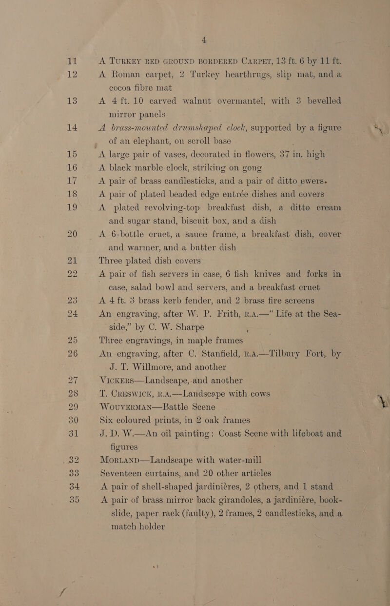 + A TURKEY RED GROUND BORDERED CARPET, 13 ft. 6 by 11 ft. cocoa fibre mat A 4 ft. 10 carved walnut overmantel, with 3 bevelled mirror panels A brass-mounted drumshaped clock, supported by a figure of an elephant, on scroll base A blaek marble clock, striking on gong A pair of brass candlesticks, and a pair of ditto ewers. A pair of plated beaded edge entrée dishes and covers A plated revolving-top breakfast dish, a ditto cream and sugar stand, biscuit box, and a dish A 6-bottle cruet, a sauce frame, a breakfast dish, cover and warmer, and a butter dish Three plated dish covers A pair of fish servers in case, 6 fish knives and forks in case, salad bowl and servers, and a breakfast cruet A 4ft. 3 brass kerb fender, and 2 brass fire screens An engraving, after W. P. Frith, r.A.—* Life at the Sea- side,’ by C. W. Sharpe Three engravings, in maple frames An engraving, after C. Stanfield, r.A.—Tilbury Fort, by J. T. Willmore, and another VickERS—Landscape, and another T. CRESWICK, k.A.—-Landscape with cows WovuvEerMAN—Battle Scene Six coloured prints, in 2 oak frames J.D. W.—An oil painting: Coast Scene with hfeboat and figures Mortanp—Landscape with water-mill Seventeen curtains, and 20 other articles A pair of shell-shaped jardinicres, 2 others, and 1 stand A pair of brass mirror back girandoles, a jardiniére, book- slide, paper rack (faulty), 2 frames, 2 candlesticks, and a. match holder