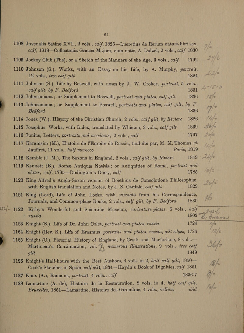 1108 Juvenalis Satire XVI., 2 vols., calf, 1825—Lueretius de Rerum natura libri sex, calf, 1818—Collectania Gracea Majora, cum notis, A. Dalzel, 2 vols., calf 1830 1109 Jockey Club (The), or a Sketch of the Manners of the Age, 3 vols., calf 1792 1110 Johnson (S.), Works, with an Essay on his Life, by A. Murphy, portrait, 12 vols., tree calf gilt 1824 “ 1111 Johnson (S.), Life by Boswell, with notes by J. W. Croker, portrazt, 5 vols., calf gilt, by I. Bedford 1831 1112 Johnsoniana ; or Supplement to Boswell, portrait and plates, calf gilt 1836 ) 1113 Johnsoniana; or Supplement to Boswell, portraits and plates, calf gilt, by I. | Bedford 1836 1114 Jones (W.), History of the Christian Church, 2 vols., calf gilt, by Riviere 1826 . 1115 Josephus, Works, with Index, translated by Whiston, 3 vols., calf gzlt 1839 7% ° 1116 Junius, Letters, portraits and woodcuts, 2 vols., calf 1797 1117 Karamsim (M.), Histoire de ! Empire de Russie, traduite par, M. M. Thomas et _Jauffret, 11 vols., half morocco Paris, 1819 1118 Kemble (J. M.), The Saxons in England, 2 vols., calf gilt, by Riviere 1849 1119 Kennett (B.), Rome Antique Notitia; or Antiquities of Rome, portrait and plates, calf, 1785—Dodington’s Diary, calf 1785 - 1120 King Alfred’s Anglo-Saxon version of Boethius de Consolotione Philosophia, with English translation and Notes, by J. S. Cardale, calf gilt 1829 1121 King (Lord), Life of John Locke, with extracts from his Correspondence, Journals, and Common-place Books, 2 vols., calf gilt, by F. Bedford 1830 +2 | 1122 Kirby’s Wonderful. and Scientific Museum, caricature plates, 6 vols., half 9 - YUSSUA 1803 ye Arata : PILE Pad PO ett ASTER RON EEE LEO NE ETON ey ver 7 . 1123 Knight (S.), Life of Dr. John Colet, portrait and plates, russia 1724 tits 1124 Knight (Rev. S.), Life of Erasmus, portraits and plates, russia, gut edges, 1726 “ ) 1125 Knight (C.), Pictorial History of England, by Craik and Macfarlane, 8 vols.— 8 AAT EE ITT A A ; aff Martineau’s Continuation, vol. ey numerous tllustrations, 9 vols., tree calf a] = gilt we 1849 1126 Knight’s Half-hours with the Best Authors, 4 vols. in 2, half calf gilt, 1850— eo fe Cook’s Sketches in Spain, calf gilé, 1834 Haydn’s Book of Dignities, calf 1851 iby 1127 Knox (A.), Remains, portrait, 4 vols., calf 1836-7 /? 1128 Lamartine (A. de), Histoire de la Restauration, 8 vols. in 4, half calf gilt, Bruxelles, 1851—Lamartine, Histoire des Girondins, 4 vols., vellum abid ee et SE a ae ee ees