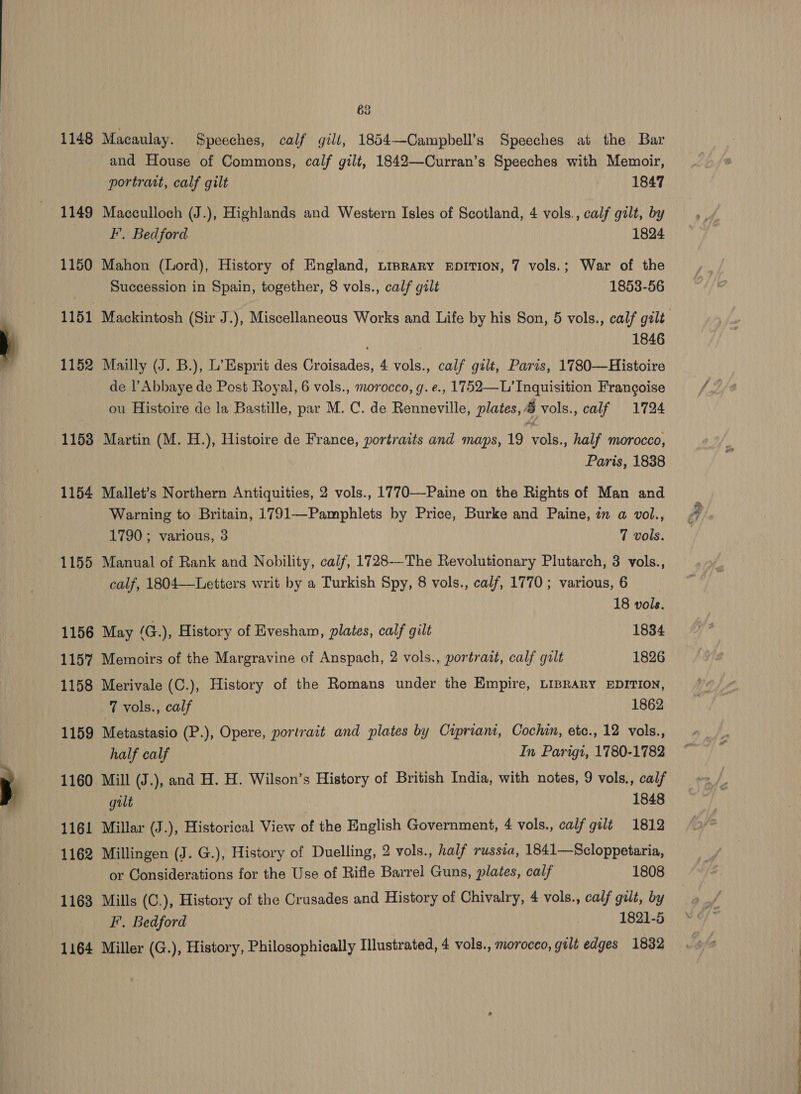 1148 Macaulay. Speeches, calf gilt, 1854—Campbell’s Speeches at the Bar and House of Commons, calf gilt, 1842—-Curran’s Speeches with Memoir, portrart, calf gilt 1847 1149 Macculloch (J.), Highlands and Western Isles of Scotland, 4 vols., calf gilt, by F. Bedford 1824 1150 Mahon (Lord), History of England, yrprary EpriTion, 7 vols.; War of the Succession in Spain, together, 8 vols., calf gilt 1853-56 1846 1152 Mailly (J. B.), L’ Esprit des Croisades, 4 vols., calf gilt, Paris, 1780—Histoire de l’Abbaye de Post Royal, 6 vols., morocco, g. e., 1752—L’ Inquisition Francoise ou Histoire de la Bastille, par M. C. de Renneville, plates, 8 vols., calf 1724 1158 Martin (M. H.), Histoire de France, portraits and maps, 19 yale half morocco, Paris, 1838 1154 Mallet’s Northern Antiquities, 2 vols., 1770—Paine on the Rights of Man and Warning to Britain, 1791—Pamphlets by Price, Burke and Paine, am a@ vol., 1790; various, 3 7 vols. 1155 Manual of Rank and Nobility, calf, 1728--The Revolutionary Plutarch, 3 vols., calf, 1804—Letters writ by a Turkish Spy, 8 vols., calf, 1770; various, 6 18 vols. 1156 May (G.), History of Evesham, plates, calf gilt 1834 1157 Memoirs of the Margravine of Anspach, 2 vols., portrait, calf gilt 1826 1158 Merivale (C.), History of the Romans under the Empire, LIBRARY EDITION, 7 vols., calf 1862 1159 Metastasio (P.), Opere, portrait and plates by Cipriant, Cochin, etc., 12 vols., half calf In Parigi, 1780-1782 1160 Mill (J.), and H. H. Wilson’s History of British India, with notes, 9 vols., calf gilt 1848 1161 Millar (J.), Historical View of the English Government, 4 vols., calf gilt 1812 1162 Millingen (J. G.), History of Duelling, 2 vols., half russia, 1841—Scloppetaria, or Considerations for the Use of Rifle Barrel Guns, plates, calf 1808 1163 Mills (C.), History of the Crusades and History of Chivalry, 4 vols., calf galt, by F. Bedford 1821-5 1164 Miller (G.), History, Philosophically Illustrated, 4 vols., morocco, gilt edges 1832