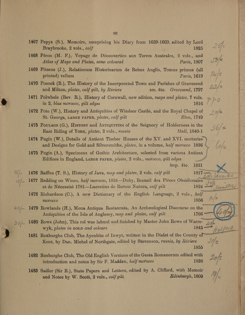 1467 Pepys (S.), Memoirs, comprising his Diary from 1659-1669, edited by Lord Braybrooke, 2 vols., calf 1825 - 1468 Péron (M. F.), Voyage de Découverties aux Terres Australes, 2 vols., and an) Atlas of Maps and Plates, some colowred Paris, 1807 ,, 1469 Pitseus (J.), Relationum Historicarum de Rebus Anglis, Tomus primus (all printed) vellum Paris, 1619 1470 Pocock (R.), The History of the Incorporated Town and Parishes of Gravesend , , /. and Milton, plates, calf gilt, by Riviere sm. 4to. Gravesend,1797 “| 1471 Polwhele (Rev. R.), History of Cornwall, new edition, maps and plates, 7 vols. wv, _/ in 2, blue morocco, gilt edges 1816 1472 Pote (W.), History and Antiquities of Windsor Castle, and the Royal Chapel of /e St. George, LARGE PAPER, plates, calf gult Eton, 1749 1473 Pounson (G.), History and AnTIQUITIES of the Seignory of Holderness in the Kast Riding of York, plates, 2 vols., russea Hull, 1840-1 1474 Pugin (W.), Details of Antient Timber Houses of the XV. and XVI. centuries) and Designs for Gold and Silversmiths, plates, in a volume, half morocco 1836 ‘ 1475 Pugin (A.), Specimens of Gothic Architecture, selected from various Antient , Edifices in England, LARGE PAPER, plates, 2 vols., morocco, gilt edges imp. 4to 1921 = 1476 Raffles (T. S.), History of Java, map and plates, 2 vols. calf gult 1817 — —p Te ae 1477 Redding on Wines, half morocco, 1824—-Duby, Recueil des Piéces Obsidionales . r aa et de Nécessité 1781—Lueretius de Rerum Natura, calf galt 1824 ama.  paimd® 1478 Richardson (C.), A new Dictionary of the English Language, 2 vols., half Tan Morocco 1856  _ Antiquities of Nie Isle of Anglesey, map ee plates, calf gult LT GG tee: g ip Aé. 1480 Rows (John), This rol was laburd and finished by Master John Rowe of Warre- eid | 1845 ——* Lam df 7 RA wyk, plates in GOLD and colours 1481 Roxburghe Club, The Ayenbite of Inwyt, written in the Dialet of the County ony ais Kent, by Dan. Michel of Northgate, edited by Stevenson, russia, by Livviere wtfe 1855’ 1482 Roxburghe Club, The Old English Versions of the Gesta Romanorum edited with se } introduction and notes by Sir F. Madden, half morocco 1838). ee 1483 Sadler (Sir R.), State Papers and Letters, edited by A. Clifford, with Memoir and Notes by W. Scott, 2 vols., calf gult Edinburgh, 1809 any Sot SR He IS