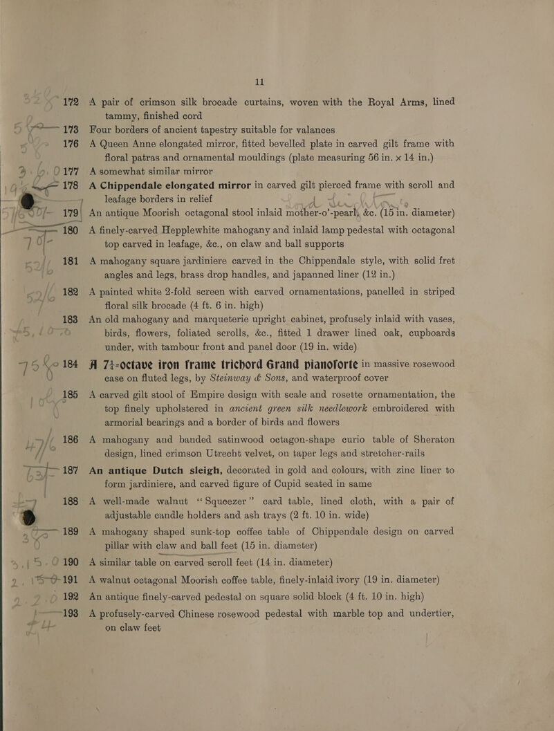 A pair of crimson silk brocade curtains, woven with the Royal Arms, lined tammy, finished cord Four borders of ancient tapestry suitable for valances A Queen Anne elongated mirror, fitted bevelled plate in carved gilt frame with floral patras and ornamental mouldings (plate measuring 56 in. x 14 in.) A somewhat similar mirror A Chippendale elongated mirror in carved gilt pierced frame with scroll and leafage borders in relief A finely-carved Hepplewhite mahogany and inlaid lamp pedestal with octagonal top carved in leafage, &amp;c., on claw and ball supports A mahogany square jardiniere carved in the Chippendale style, with solid fret angles and legs, brass drop handles, and japanned liner (12 in.) A painted white 2-fold screen with carved ornamentations, panelled in striped floral silk brocade (4 ft. 6 in. high) An old mahogany and marqueterie upright cabinet, profusely inlaid with vases, birds, flowers, foliated scrolls, &amp;c., fitted 1 drawer lined oak, cupboards under, with tambour front and panel door (19 in. wide) A 72-octave iron frame trichord Grand pianoforte in massive rosewood case on fluted legs, by Steenway &amp; Sons, and waterproof cover A carved gilt stool of Empire design with scale and rosette ornamentation, the top finely upholstered in ancient green silk needlework embroidered with armorial bearings and a border of birds and flowers A mahogany and banded satinwood octagon-shape curio table of Sheraton design, lined crimson Utrecht velvet, on taper legs and stretcher-rails An antique Dutch sleigh, decorated in gold and colours, with zine liner to form jardiniere, and carved figure of Cupid seated in same A well-made walnut ‘‘Squeezer” card table, lined cloth, with a pair of adjustable candle holders and ash trays (2 ft. 10 in. wide) A mahogany shaped sunk-top coffee table of Chippendale design on carved pillar with claw and ball feet (15 in. diameter) A similar table on carved scroll feet (14 in. diameter) A walnut octagonal Moorish coffee table, finely-inlaid ivory (19 in. diameter) An antique finely-carved pedestal on square solid block (4 ft. 10 in. high) A profusely-carved Chinese rosewood pedestal with marble top and undertier, on claw feet
