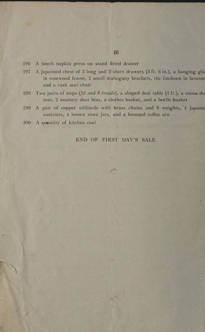 iy 296 2e1. 300 A beech napkin press on stand fitted drawer A japanned chest of 3 long and 2 short drawers (3 ft. 6 in.), a hanging gla in rosewood frame, 2 small mahogany brackets, the linoleum in lavator and a rush seat chair | Two pairs of steps (12 and 8 treads), a shaped deal table (4 ft.); a cocoa do. mat, 2 sanitary dust bins, a clothes basket, and a bottle basket A pair of copper stilliards with brass chains and 6 weights, 4 japann canisters, 4 brown store jars, and a bronzed coffee urn A quantity of kitchen coal END OF -FIRST “DAY'S SAGE,