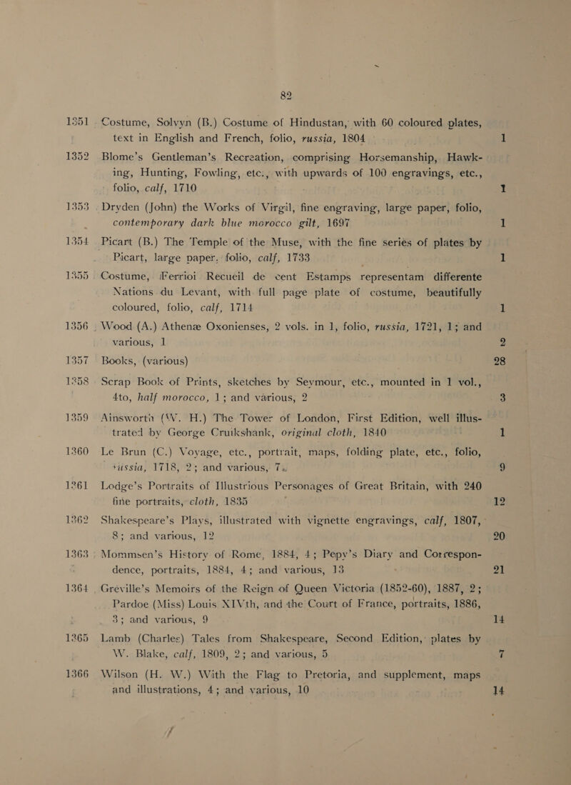 1261 1362 1265 1366 82 Costume, Solvyn (B.) Costume of Hindustan, with 60 coloured plates, text in English and French, folio, russia, 1804 — ing, Hunting, Fowling, etc., with upwards of 100 engia yang; etc., folio, calf, 1710 contemporary dark blue morocco gilt, 1697 Picart, large paper. folio, calf, 1733 Costume, Ferrioi Recueil de cent Estamps representam differente Nations du Levant, with full page plate of SSI beautifully coloured, folio, calf, 1714 various, 1 Books, (various) Scrap Book of Prints, sketches by Seymour, etc., mounted in 1 vol., 4to, half morocco, 1; and various, 2 Ainsworti (W. H.) The Tower of London, First Edition, well illus- trated by George Cruikshank, original cloth, 1840 | Le Brun (C.) Voyage, etc., portrait, maps, folding plate, etc., folio, — 44issia, 1718, 2; and various, 7% Lodge’s Portraits of Illustrious Personages of Great Britain, with 240 fine portraits, cloth, 1835 8; and various, 12 Mommsen’s History of Rome, 1884, 4; Pepy’s Diary and Correspon- dence, portraits, 1884, 4; and various, 13 Greville’s Memoirs of the Reign of Queen Victoria (1852-60), 1887, 2 Pardoe (Miss) Louis XIVth, and the Court of France, portraits, 1886, 3; and various, 9 Lamb (Charles) Tales from Shakespeare, Second Edition, plates by W. Blake, calf, 1809, 2; and various, 5 Wilson (H. W.) With the Flag to Pretoria, and supplement, maps and illustrations, 4; and various, 10 bo 20 yeh | 14 14