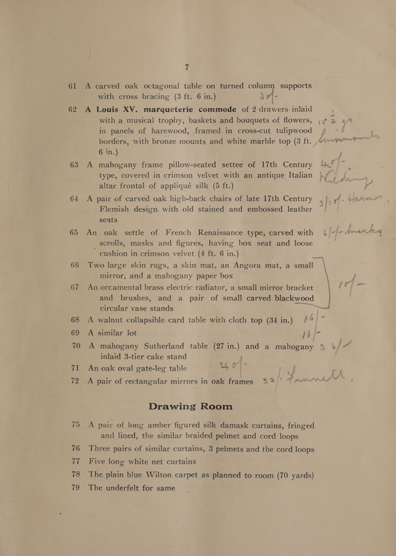 61 62 63 64 66 67 7 A carved oak octagonal table on turned column supports with cross bracing (3 ft. 6 in.) 3 o- A Louis XV. marqueterie commode of 2 drawers inlaid with a musical trophy, baskets and bouquets of flowers, in panels of harewood, framed in cross-cut tulipwood borders, with bronze mounts and white marble top (3 ft. 6 in.) A mahogany frame pillow-seated settee of 17th Century type, covered in crimson velvet with an antique Italian altar frontal of appliqué silk (5 ft.) A pair of carved oak high-back chairs of late 17th Century Flemish design with old stained and embossed leather seats An oak settle of French Renaissance type, carved with scrolls, masks and figures, having box seat and loose ~ cushion in crimson velvet (4 ft. 6 in.) Two large skin rugs, a skin mat, an Angora mat, a small mirror, and a mahogany paper box An ornamental brass electric radiator, a small mirror bracket circular vase stands A mahogany Sutherland table (27 in.) and a mahogany inlaid 3-tier cake stand An oak oval gate-leg table Uy | - A pair of rectangular mirrors in oak frames % * Drawing Room A pair of long amber figured silk damask curtains, fringed and lined, the similar braided pelmet and cord loops Three pairs of similar curtains, 3 pelmets and the cord loops Five long white net curtains The plain blue Wilton carpet as planned to room (70 yards) The underfelt for same  