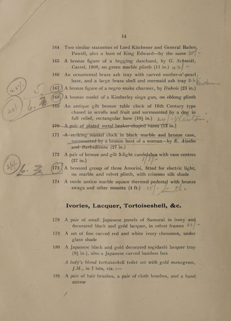 164 Two similar statuettes of Lord Kitchener and General eo . Powell, also a bust of King Edward—by the same @@/ ~ 165 &lt;A bronze figure of a begging daschund, by G. Schmidt, Cassel, 1908, on green marble plinth (11 in.) ¢&amp; 2] e 166 An ornamental brass ash tray with carved mother-o aes base, and a large brass shell and mermaid ash tray 2b) ,/ F; oy at a At (167) | A bronze figure of a negro snake charmer, by Dubois (23 in.) — £—169 An antique gilt bronze table clock of 16th Century type chased in scrolls and fruit and surmounted by a dog in ‘ full relief, rectangular base (10% in.) py / - VY_L&lt; et 170—A_pair of plated metal beaker-shaped vases (13 in.) 171 -A~strikinge mantel clock in black marble and bronze case, __surmounted-by a bronze bust of a woman—by E. Aizelin and Barbedienne (27 in.) 172 A pair of bronze and gilt 5-light candelabra with vase centres (27 in.) / o/ ~ - (173 / A bronzed group of three Amorini, fitted for electric light, 2. Ss. on marble and velvet plinth, with crimson silk shade 174 A verde antico marble square thermed pedestal with bronze swags and other mounts (4 ft.) js/- /~ # [ c ao ee ee * Ivories, Lacquer, Tortoiseshell, &amp;c. 178 A pair of small Japanese panels of Samurai in ivory and decorated black and gold lacquer, in velvet frames © 6} 179 A set of fine carved red and white ivory chessmen, under glass shade 180 A Japanese black and gold decorated togidashi lacquer tray (9$ in.), also a Japanese carved bamboo box A lady’s blond tortoiseshell toilet set with gold monogram, J.M., in 7 lots, viz. :— 181 A pair of hair brushes, a pair of cloth brushes, and a hand mirror |