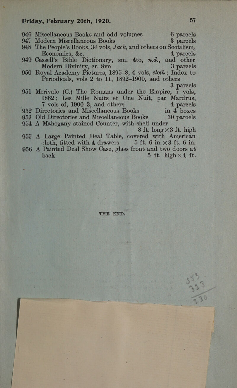 946 Miscellaneous Books and odd volumes 6 parcels 947 Modern Miscellaneous Books 3 parcels 948 The People’s Books, 34 vols, Jack, and others on Socialism, Kconomics, &amp;c. 4 parcels 949 Cassell’s Bible Dictionary, sm. 4to, n.d., and other Modern Divinity, cr. 8vo 3 parcels 950 Royal Academy Pictures, 1895-8, 4 vols, cloth ; Index to Periodicals, vols 2 to 11, 1892-1900, and others © 3 parcels 951 Merivale (C.) The Romans under the Empire, 7 vols, 1862; Les Mille Nuits et Une Nuit, par Mardrus, 7 vols of, 1900-3, and others _ 4 parcels 952 Directories and Miscellaneous Books in 4 boxes 953 Old Directories and Miscellaneous Books 30 parcels 954 A Mahogany stained Counter, with shelf under 8 ft. long x3 ft. high 955 A Large Painted Deal Table, covered with American sloth, fitted with 4 drawers 5 ft. 6 in. x3 ft. 6 in. 956 A Painted Deal Show Case, glass front and two doors at back 5 ft. highx4 ft. THE END.