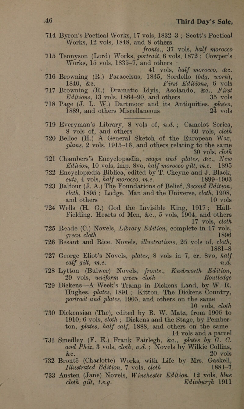 714 Byron’s Poetical Works, 17 vols, 1832-3 ; Scott’s Poetical Works, 12 vols, 1848, and 8 others fronts., 37 vols, half morocco 715 Tennyson (Lord) Works, portrait, 6 vols, 1872 ; Cowper’s - Works, 15 vols, 1835-7, and others ° 41 vols, half morocco, kc. 716 Browning (R.) Paracelsus, 1835, Sordello (bdg. worn), 1840, &amp;e. First Editions, 6 vols 717 Browning (R.) Dramatic Idyls, Asolando, &amp;c., First Editions, 13 vols, 1864-90, and others 35 vols 718 Page (J. L. W.) Dartmoor and its Antiquities, plates, 1889, and others Miscellaneous 24 vols 719 Everyman’s Library, 8 vols of, n.d.; Camelot Series, 8 vols of, and others 60 vols, cloth 720 Belloc (H.) A General Sketch of the European War, plans, 2 is 1915-16, and others relating to the same 30 vols, cloth 721 Chambers’s Eneyclopadia, maps and plates, d&amp;c., New Edition, 10 vols, imp. 8vo, half morocco gilt, m.e. 1895 722 Encyclopadia Biblica, edited by T. Cheyne and J. Black, cuts, 4 vols, half morocco, m.e. 1899-1903 723 Balfour (J. A.) The Foundations of Belief, Second Edition, cloth, 1895 ; Lodge. Man and the Universe, cloth, 1908, and others 10 vols 724 Wells (H. G.) God the Invisible King, 1917; Hall- Fielding. Hearts of Men, &amp;c., 5 vols, 1904, and others 17 vols, cloth 725 Reade (C.) Novels, Library Edition, complete in 17 vols, green cloth 1896 ‘726 Besant and Rice. Novels, illustrations, 25 Pala of, cloth, 1881— 8 ‘727 George Eliot’s Novels, plates, 8 vols in 7, er. 8vo, wee calf gilt, m.e. ‘ ‘728 Lytton (Bulwer) Novels, fronts., Knebworth Edition, 29 vols, uniform green cloth Routledge 729 Dickens—A Week’s Tramp in Dickens Land, by W. R. Hughes, plates, 1891; Kitton. The Dickens Country, portreit and plates, 1905, and others on the same 10 vols, cloth ‘730 Dickensian (The), edited by B. W. Matz, from 1906 to 1910, 6 vols, cloth ; Dickens and the Stage, by Pember- ton, plates, half calf, 1888, and others on the same 14 vols and a parcel 731 Smedley (F. E.) Frank Fairlegh, &amp;c., plates by G. C. and Phiz, 3 vols, cloth, n.d.; Novels by Wilkie Collins, &amp;e. 20 vols 732 Bronté (Charlotte) Works, with Life by Mrs. Gaskell, Illustrated Edition, 7 vols, cloth 188 £-7. ‘733 Austen (Jane) Novels, Winchester Edition, 12 vols, blue cloth gilt, t.e.g. Edinburjh 1911