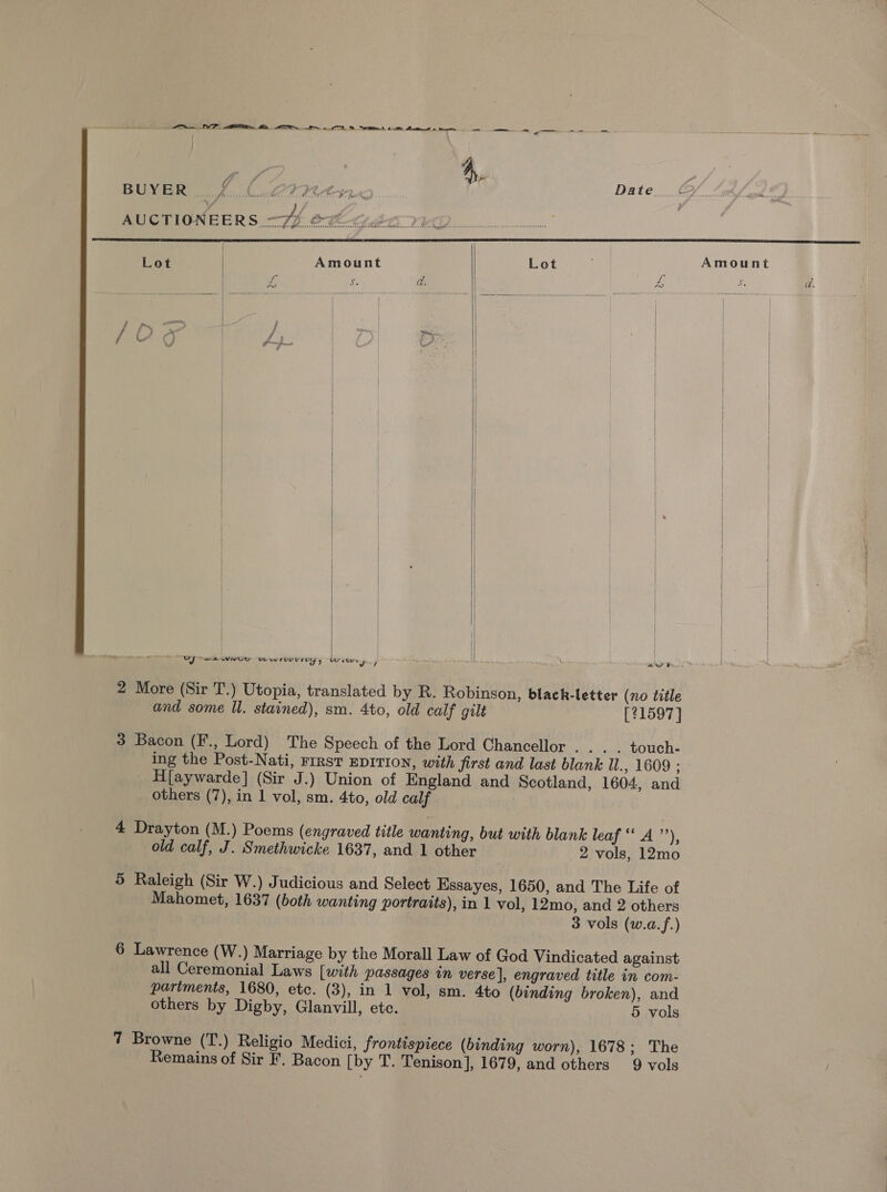 AUCTIONEERS 7p. Oo Ch Ptr PR oe Amount Lot Ry a. L as  | | | | | | | |      | | Ul WRUe wwroulTUg, Wwewe 2 More (Sir T.) Utopia, translated by R. Robinson, black-letter (no title and some ll. stained), sm. 4to, old calf gilt [21597] 3 Bacon (F., Lord) The Speech of the Lord Chancellor . . . . touch- ing the Post-Nati, FIRST EDITION, with first and last blank Il., 1609 ; H[aywarde] (Sir J.) Union of England and Scotland, 1604, and others (7), in 1 vol, sm. 4to, old calf 4 Drayton (M.) Poems (engraved title wanting, but with blank leaf “A ’’), old calf, J. Smethwicke 1637, and 1 other | 2 vols, 12mo 5 Raleigh (Sir W.) Judicious and Select Essayes, 1650, and The Life of Mahomet, 1637 (both wanting portraits), in 1 vol, 12mo, and 2 others 3 vols (w.a.f.) 6 Lawrence (W.) Marriage by the Morall Law of God Vindicated against all Ceremonial Laws [with passages in verse], engraved title in com- pariments, 1680, etc. (3), in 1 vol, sm. 4to (binding broken), and others by Digby, Glanvill, etc. 5 vols Remains of Sir F. Bacon [by T. Tenison], 1679, and others 9 vols Amount 