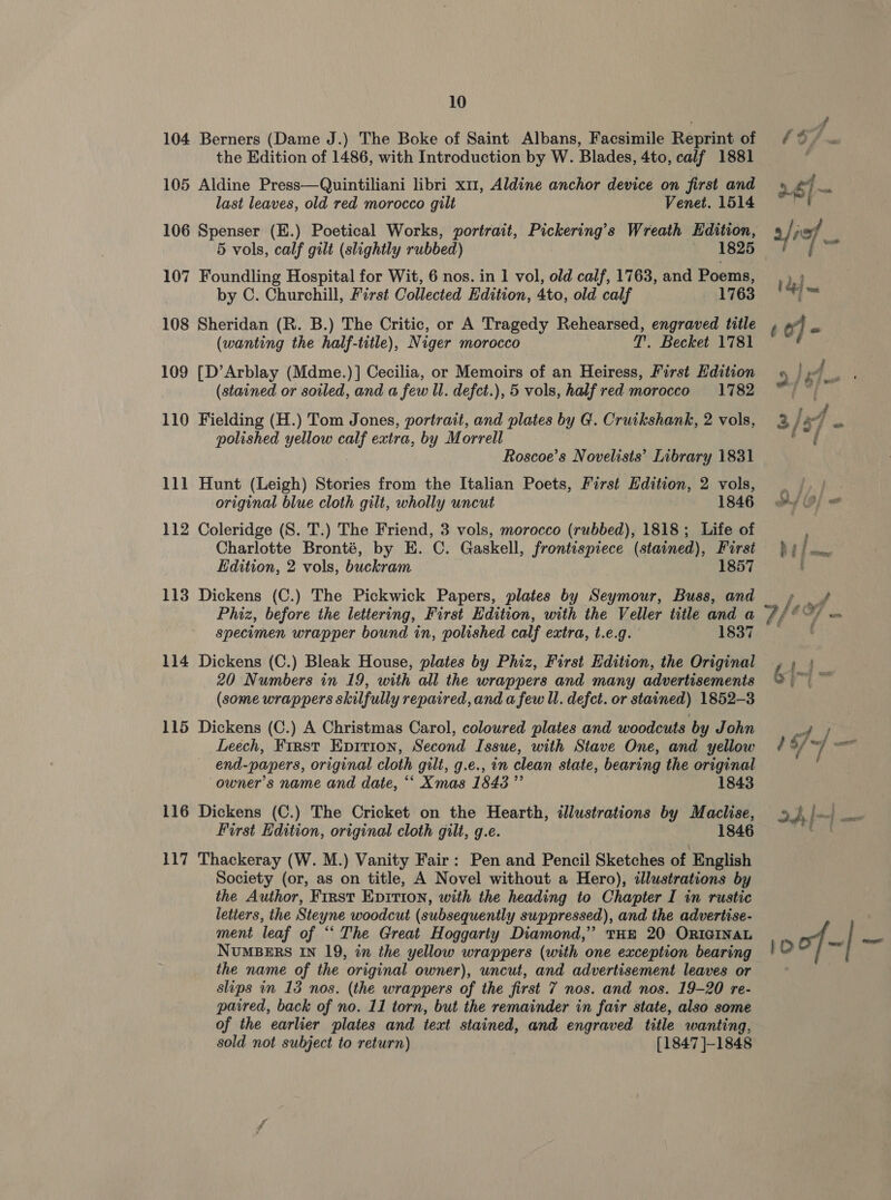 104 Berners (Dame J.) The Boke of Saint Albans, Facsimile Reprint of 105 Aldine Press—Quintiliani libri x11, Aldine anchor device on first and last leaves, old red morocco gilt Venet. 1514 106 Spenser (E.) Poetical Works, portrait, Pickering’s Wreath Edition, 5 vols, calf gilt (slightly rubbed) 1825 107 Foundling Hospital for Wit, 6 nos. in 1 vol, old calf, 1763, and Poems, by C. Churchill, First Collected Edition, 4to, old calf 1763 108 Sheridan (R. B.) The Critic, or A Tragedy Rehearsed, engraved title (wanting the half-title), Niger morocco T. Becket 1781 109 [D’Arblay (Mdme.)] Cecilia, or Memoirs of an Heiress, First Edition (stained or soiled, and a few ll. defct.), 5 vols, half red morocco 1782 110 Fielding (H.) Tom Jones, portrait, and plates by G. Cruikshank, 2 vols, polished yellow calf extra, by Morrell : Roscoe’s Novelists’ Library 1831 111 Hunt (Leigh) Stories from the Italian Poets, First Edition, 2 vols, original blue cloth gilt, wholly uncut | 1846 112 Coleridge (S. T.) The Friend, 3 vols, morocco (rubbed), 1818; Life of Charlotte Bronté, by E. C. Gaskell, frontispiece (stained), First Edition, 2 vols, buckram 1857 113 Dickens (C.) The Pickwick Papers, plates by Seymour, Buss, and Phiz, before the lettering, First Edition, with the Veller title and a specimen wrapper bound in, polished calf extra, t.e.g. 1837 114 Dickens (C.) Bleak House, plates by Phiz, First Edition, the Original 20 Numbers in 19, with all the wrappers and many advertisements (some wrappers skilfully repaired, and a few ll. defct. or stained) 1852-3 115 Dickens (C.) A Christmas Carol, coloured plates and woodcuts by John Leech, First Epition, Second Issue, with Stave One, and yellow end-papers, original cloth gilt, g.e., in clean state, bearing the original owner's name and date, “‘ Xmas 1843 ”’ 1843 116 Dickens (C.) The Cricket on the Hearth, illustrations by Maclise, First Edition, original cloth gilt, g.e. 1846 117 Thackeray (W. M.) Vanity Fair: Pen and Pencil Sketches of English Society (or, as on title, A Novel without a Hero), illustrations by the Author, First Epirion, with the heading to Chapter I in rustic letters, the Steyne woodcut (subsequently suppressed), and the advertise- ment leaf of “The Great Hoggarty Diamond,” THE 20 ORIGINAL NUMBERS IN 19, in the yellow wrappers (with one exception bearing the name of the original owner), uncut, and advertisement leaves or slips in 13 nos. (the wrappers of the first 7 nos. and nos. 19-20 re- paired, back of no. 11 torn, but the remainder in fair state, also some of the earlier plates and teat stained, and engraved title wanting, sold not subject to return) [1847 ]-1848