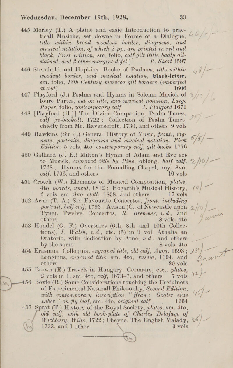   Wednesday, December 19th, 1928. 33 445 Morley (T.) A plaine and easie Introduction to prac- title within broad woodcut border, diagrams, and musical notation, of which 2 pp. are printed in red and black, First Edition, sm. folio, calf gilt (tetle badly oil- stained, and 2 other margins defct.) P. Short 1597 446 Sternhold and Hopkins. Booke of Psalmes, title within woodcut border, and musical notation, black-letter, sm. folio, 18th Century morocco gilt borders (wmperfect at end) 1606 foure Partes, cut on title, and musical notation, Large Paper, folio, contemporary calf J. Playford 1671 448 [Playford (H.)] The Divine Companion, Psalm Tunes, calf (re-backed), 1722; Collection of Psalm Tunes, chiefly from Mr. Ravenscroft, 1730, and others 9 vols 449 Hawkins (Sir J.) General History of Music, front., vig- nette, portraits, diagrams and musical notation, First Edition, 5 vols, 4to contemporary calf, gilt backs 1776 450 Galliard (J. E.) Milton’s Hymn of Adam and Eve set to Musick, engraved title by Pine, oblong, half calf, 1728; Hymns for the Foundling Chapel, roy. 8vo, calf, 1796, and others 10 vols 451 Crotch (W.) Elements of Musical Composition, plates, 4to, boards, uncut, 1812 ; Hogarth’s Musical History, 2 vols, sm. 8vo, cloth, 1838, and others 17 vols 452 Arne (T. A.) Six Favourite Concertos, front. oncluding portrat, half calf, 1793 ; Avison (C., of Newcastle upon Tyne). Twelve Concertos, &amp;. Bremner, n.d., and others 8 vols, 4to 453 Handel (G. F.) Overtures (6th, 8th and 10th Collec- tions), J. Walsh, n.d., etc. (5) in 1 vol, Athalia an Oratorio, with dedication by Arne, n.d., and others by the same 8 vols, 4to Longinus, engraved title, sm. 4to, russia, 1694, and others 20 vols Brown (H.) Travels in Hungary, Germany, etc., plates, 2 vols in 1, sm. 4to, calf, 1673-7, and others 7 vols } Boyle (R.) Some Considerations touching the Usefulness of Experimental Naturall Philosophy, Second Edition, with contemporary inscription “ ffran: Goater evus Liber” on fly-leaf, sm. 4to, original calf 1664 Sprat (T.) History of the Royal Society, plates, sm. 4to, f old calf, with old book-plate of Charles Delafaye of Wichbury, Wilts, 1722; Cheyne. The English Malady, 1733, and 1 other \ 3 vols SaaEanEne SS i768 fo ng —/-/ S ‘$ f — fi / / ¢ ia gS £ fi } f ae pa] - wis / a rh wtf