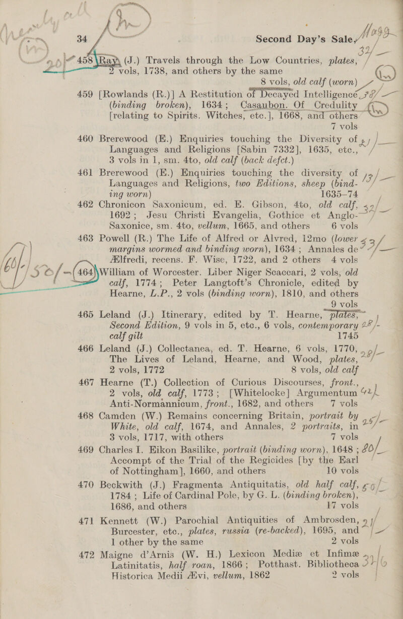  Sano Second Day’s sate: 19. : : Saf a ih (J.) Travels through the Low Countries, plates, e ‘vols, 1738, and others by the same 8 vols, old calf (worn) Pe ; / 459 [Rowlands (R.)] A Restitution of saree itelligene 99/- Be a (binding broken), 1634; Casaubon. Of Credulity | [relating to Spirits. Witches, etc.|, 1668, and others | 7 vols 460 Brerewood (E.) Enquiries touching the Diversity of L/ ‘hie Languages and Religions [Sabin eke, 1635, ete., / 3 vols in 1, sm. 4to, old calf (back defct.) 461 Brerewood (K.) Enquiries touching the diversity of Languages and Religions, two Editions, sheep (bind- ing worn) 1635-74 - 462 Chronicon Saxonicum, ed. E. Gibson, 4to, old calf, &lt;+/ 1692; Jesu Christi Evangelia, Gothice et Anglo-—*/ ~  /3/-—    Saxonice, sm. 4to, vellum, 1665, and others 6 vols 463 Powell (R.) The Life of Alfred or Alvred, 12mo (lower $3, Ps margins wormed and binding worn), 1634 ; Annales de“ “/—— Aélfredi, recens. F. Wise, 1722, and 2 others 4 vols William of Worcester. Liber Niger Scaccari, 2 vols, old calf, 1774; Peter Langtoft’s Chronicle, edited by Hearne, L.P., 2 vols (binding worn), 1810, and others 9 vols 465 Leland (J.) Itinerary, edited by T. Hearne, plates;~ , Second Edition, 9 vols in 5, etc., 6 vols, contemporary 2° /- calf gilt 1745 466 Leland (J.) Collectanea, ed. T. Hearne, 6 vols, 1770, The Lives of Leland, Hearne, and Wood, plates, 2 vols, 1772 8 vols, old calf 467 Hearne (T.) Collection of Curious Discourses, front., 2 vols, old calf, 1773; [Whitelocke] Argumentum % G2 Anti- Normannicum, front., 1682, and others 7 vols 468 Camden (W.) Remains concerning Britain, portrait by 7 White, old calf, 1674, and Annales, 2 portraits, in 3 vols, 1717, with others | 7 vols / 469 Charles I. Hikon Basilike, portrait (binding worn), 1648 ; 8b, Accompt of the Trial of the Regicides [by the Earl of Nottingham], 1660, and others 10 vols 470 Beckwith (J.) Fragmenta Antiquitatis, old half calf, 1784 ; Life of Cardinal Pole, by G. L. (binding broken), 1686, and others 17 vols / 471 Kennett (W.) Parochial Antiquities of Ambrosden, 9 ay Burcester, etc., plates, russia (re-backed), 1695, and “= 1 other by the same 2 vols | 472 Maigne d’Arnis (W. H.) Lexicon Mediew et Infime —, | , Latinitatis, half roan, 1866; Potthast. Bibliotheca } | \9 Historica Medii Avi, vellum, 1862 ? vols f 29}— a6/. -