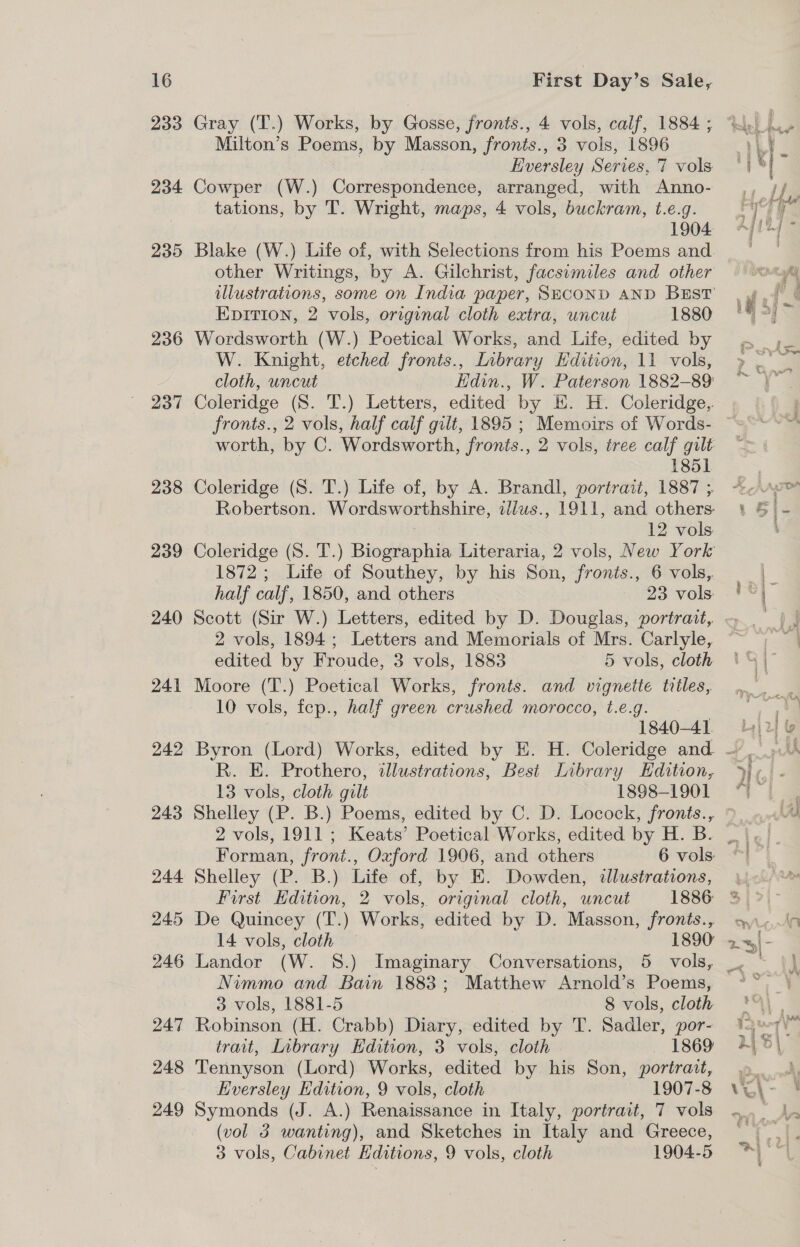 233 234 235 236 237 241 242 Gray (T.) Works, by Gosse, fronts., 4 vols, calf, 1884 ; Milton’s Poems, by Masson, fronts., 3 vols, 1896 Eversles y Series, 7 vols Cowper (W.) Correspondence, arranged, with Anno- tations, by T. Wright, maps, 4 vols, buckram, t.e.g. 1904 Blake (W.) Life of, with Selections from his Poems and other Writings, by A. Gilchrist, facsimiles and other illustrations, some on India paper, SECOND AND BEST EpItrion, 2 vols, original cloth extra, uncut 1880 Wordsworth (W.) Poetical Works, and Life, edited by W. Knight, etched fronts., Library Edition, 11 vols, cloth, uncut Edin., W. Paterson 1882-89 Coleridge (S. T.) Letters, edited by E. H. Coleridge,. fronts., 2 vols, half calf gilt, 1895 ; Memoirs of Words- 1851 Coleridge (8S. T.) Life of, by A. Brandl, portrait, 1887 ; Robertson. Wordsworthshire, illws., 1911, and others. 12 vols 1872; Life of Southey, by his Son, fronts., 6 vols, half calf, 1850, and others 23 vols: Scott (Sir W.) Letters, edited by D. Douglas, portrait, 2 vols, 1894 ; Letters and Memorials of Mrs. Carlyle, edited by Froude, 3 vols, 1883 5 vols, cloth Moore (T.) Poetical Works, fronts. and vignette titles, 10 vols, fep., half green crushed morocco, t.e.g. 1840-41 R. E. Prothero, illustrations, Best Library Edition, 13 vols, cloth gilt 1898-1901 Shelley (P. B.) Poems, edited by C. D. Locock, fronts., 2 vols, 1911; Keats’ Poetical Works, edited by H. B.- Forman, front., Oxford 1906, and others 6 vols. Shelley (P. B.) Life of, by E. Dowden, dlustrations, De Quincey (T.) Works, edited by D. Masson, fronts., 14 vols, cloth — 1890 Nimmo and Bain 1883; Matthew Arnold’s Poems, 3 vols, 1881-5 8 vols, cloth Robinson (H. Crabb) Diary, salted byt. Sadler, por- trait, Library Hdition, 3 vols, cloth _ 1869 Tennyson (Lord) Works, edited by his Son, portrait, Eversley Kdition, 9 vols, cloth 1907-8 Symonds (J. A.) Renaissance in Italy, portrait, 7 vols (vol 3 wanting), and Sketches in Italy and Greece, 3 vols, Cabinet Kditions, 9 vols, cloth 1904-5 = ner